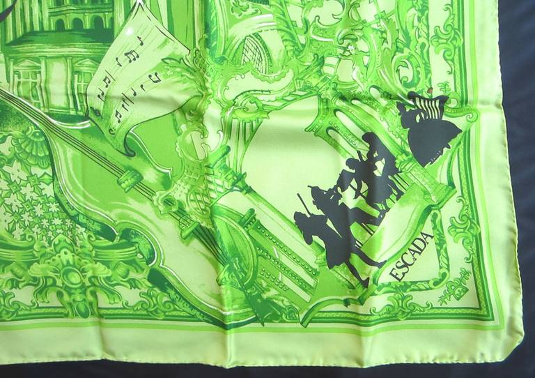  Escada Silk Scarf Green & Black Musical Made in Italy, Never Worn 1990s In New Condition For Sale In Wallkill, NY