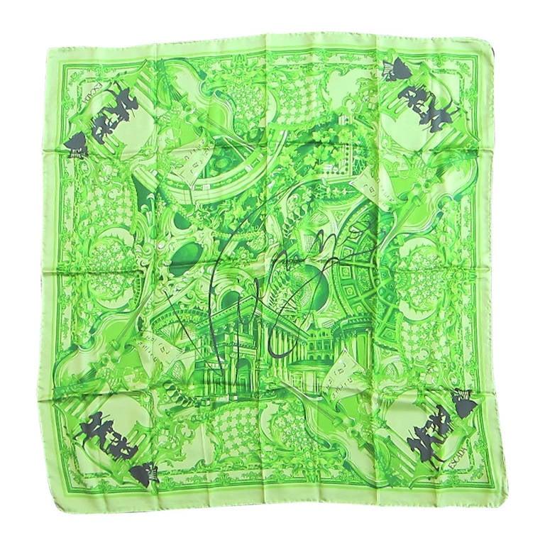 Women's or Men's  Escada Silk Scarf Green & Black Musical Made in Italy, Never Worn 1990s For Sale