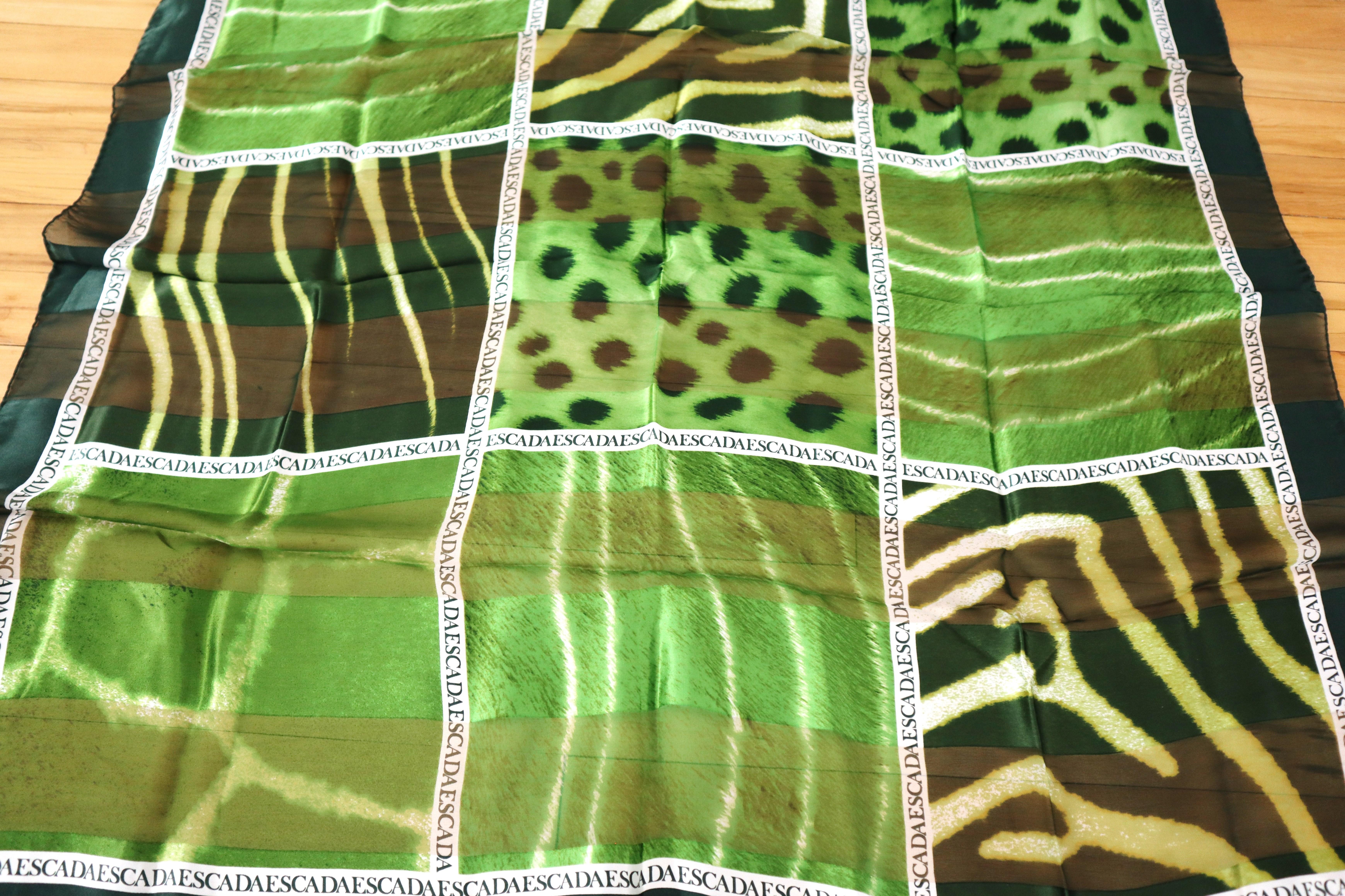 Black  Escada Silk Scarf Green Leopard / Zebra - Made in Italy New, Never Worn w/ Tag