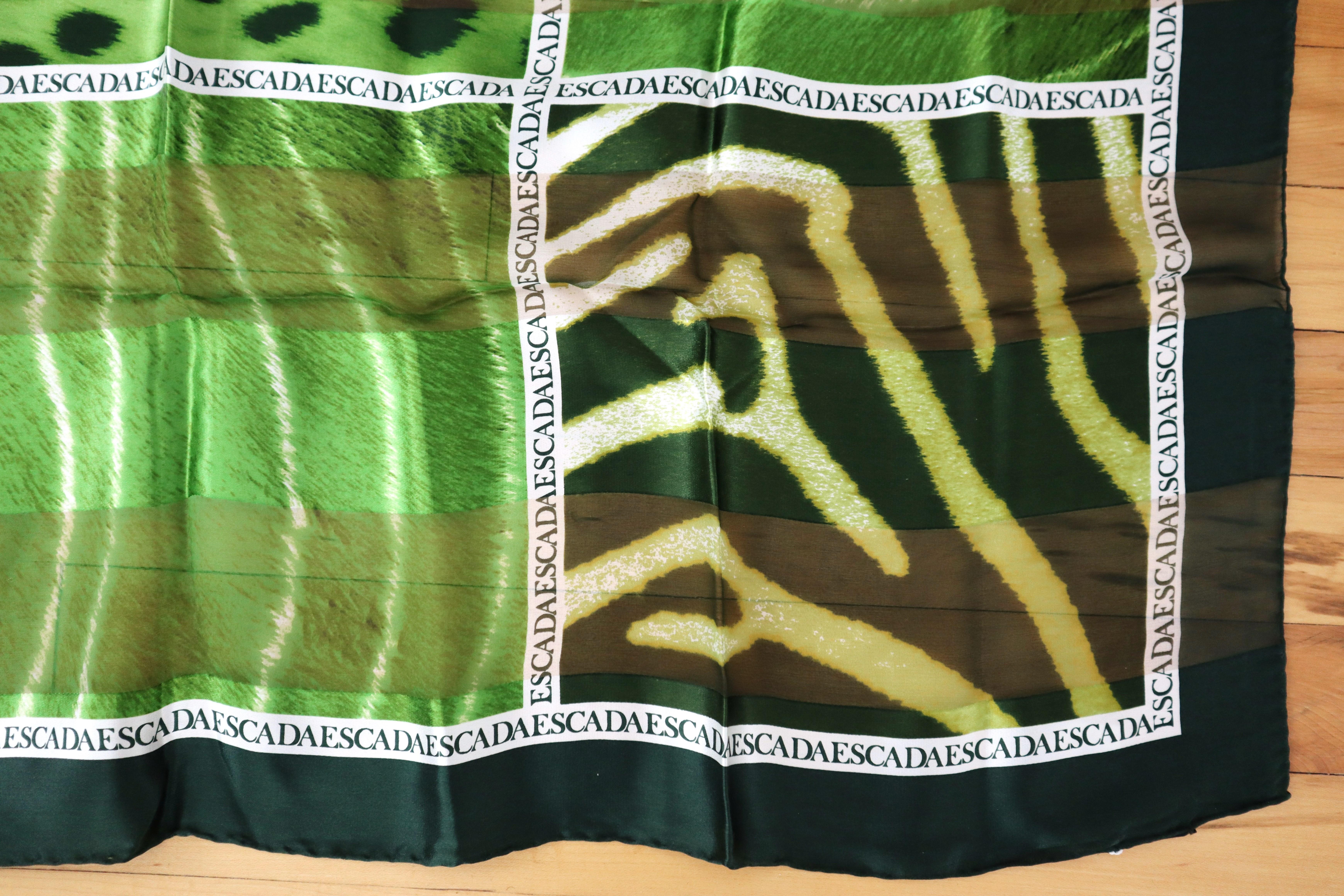  Escada Silk Scarf Green Leopard / Zebra - Made in Italy New, Never Worn w/ Tag In New Condition In Wallkill, NY