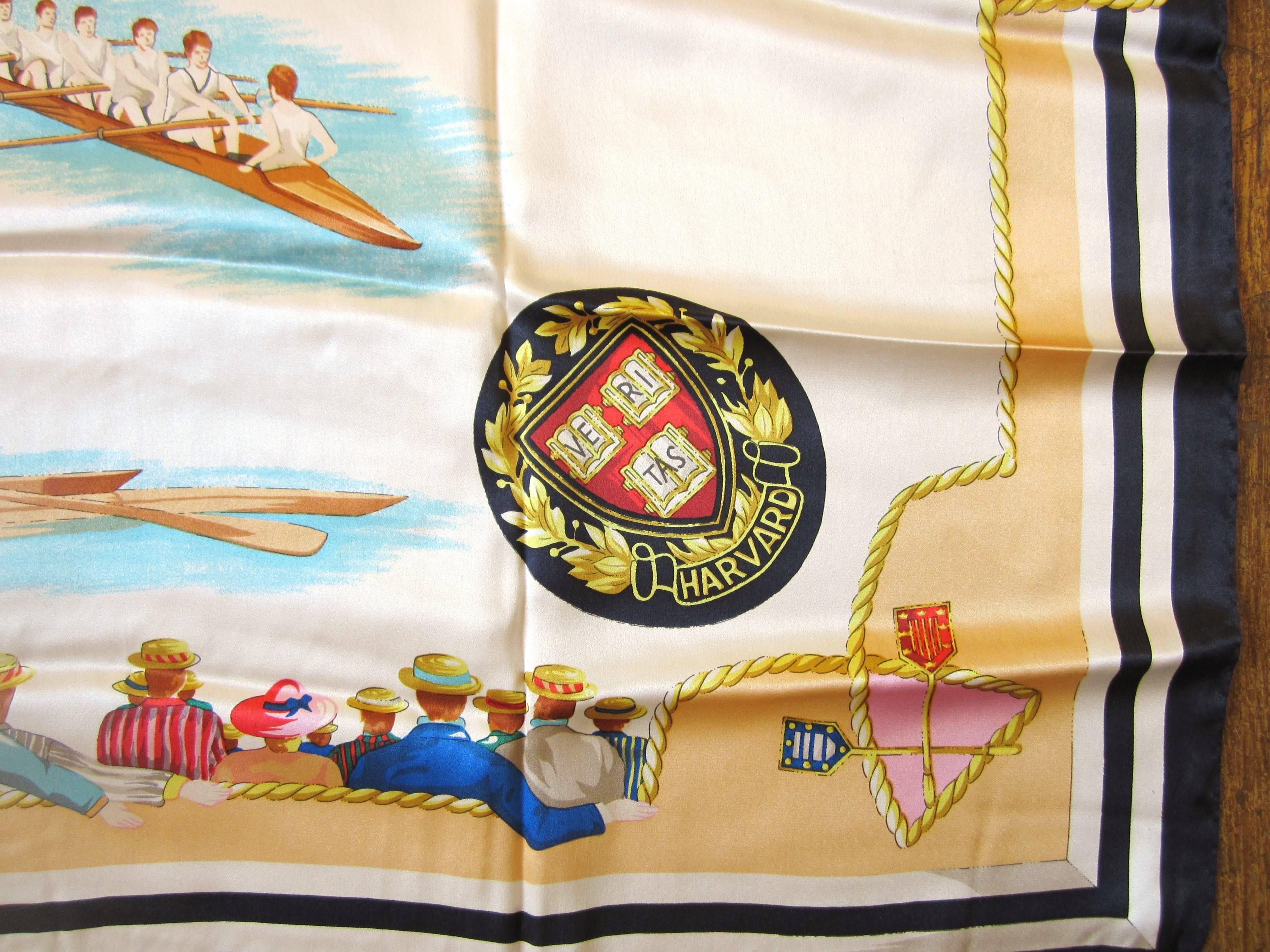 This is from a Vast Collection of Scarves that have never been worn from Escada. 34in x 34in.  Featuring a rowing competition from Harvard dated May 30, 1912. Look at those Vibrant Colors. Made in Italy. Hand Rolled Silk. This is out of a massive