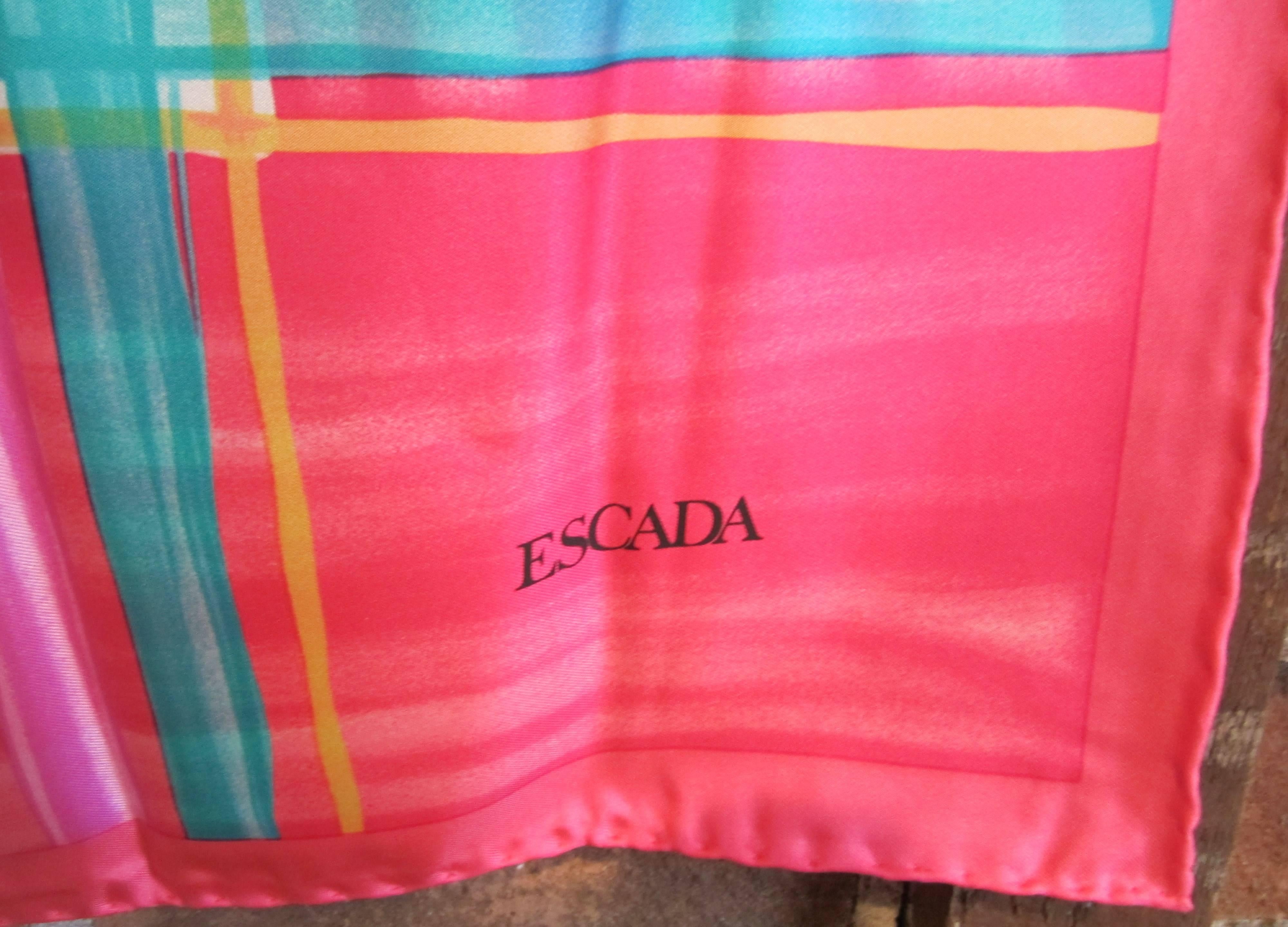 Escada Silk Scarf Pink Teal Yellow Purple Made in Italy 1990s New, Never Worn In New Condition For Sale In Wallkill, NY