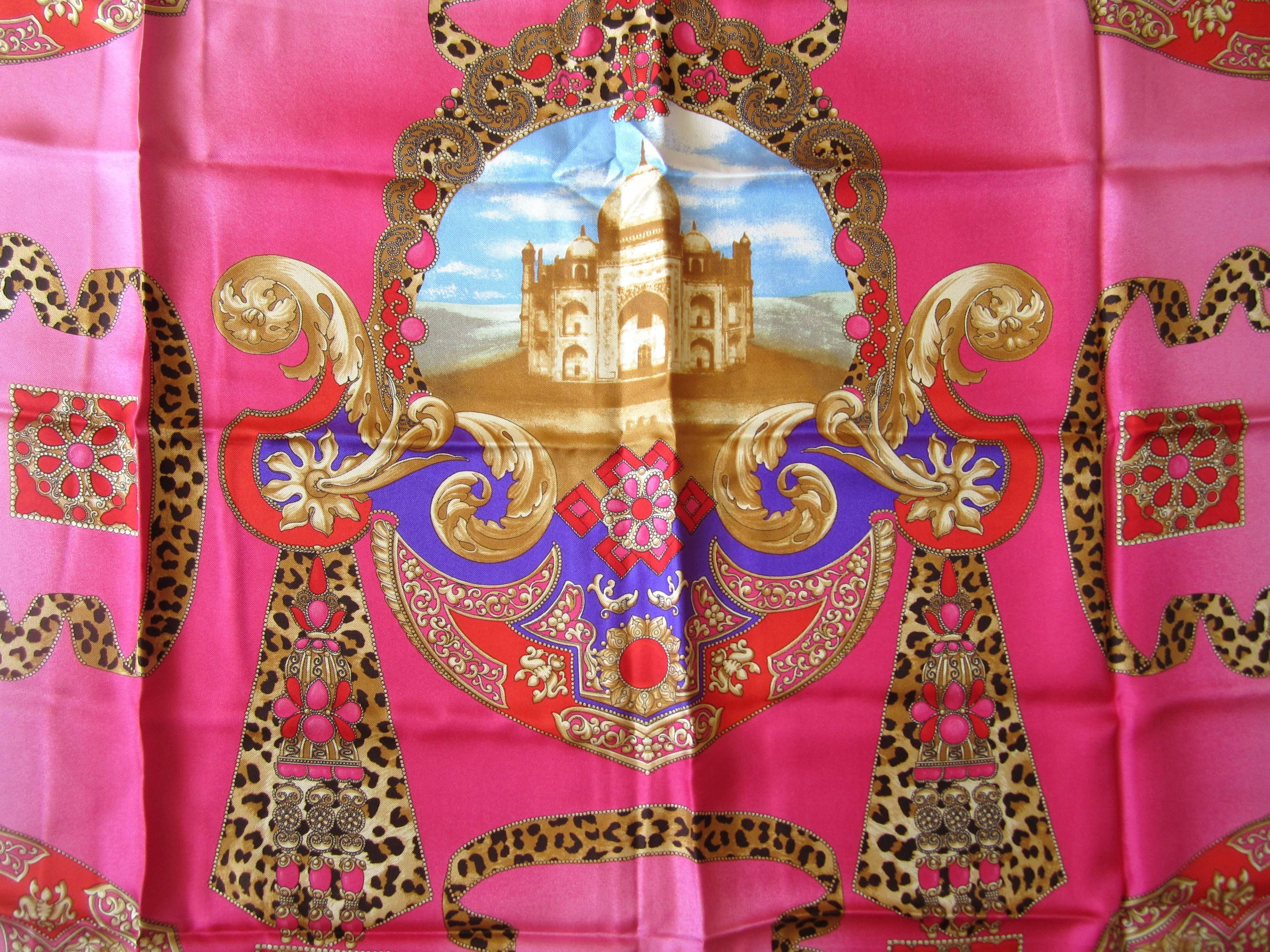 Featuring Taj Mahal with vibrant colors. Vibrant coloring Made in Italy. 34in x 34in. Hand Rolled Silk. This is out of a massive collection of Contemporary designer clothing as well as Hopi, Zuni, Navajo, Southwestern, sterling silver, costume