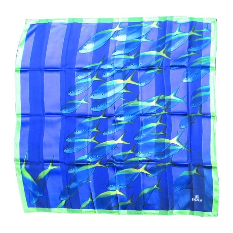 Blue Escada Silk Scarf Underwater Fish Made in Italy, Never Worn 1990s