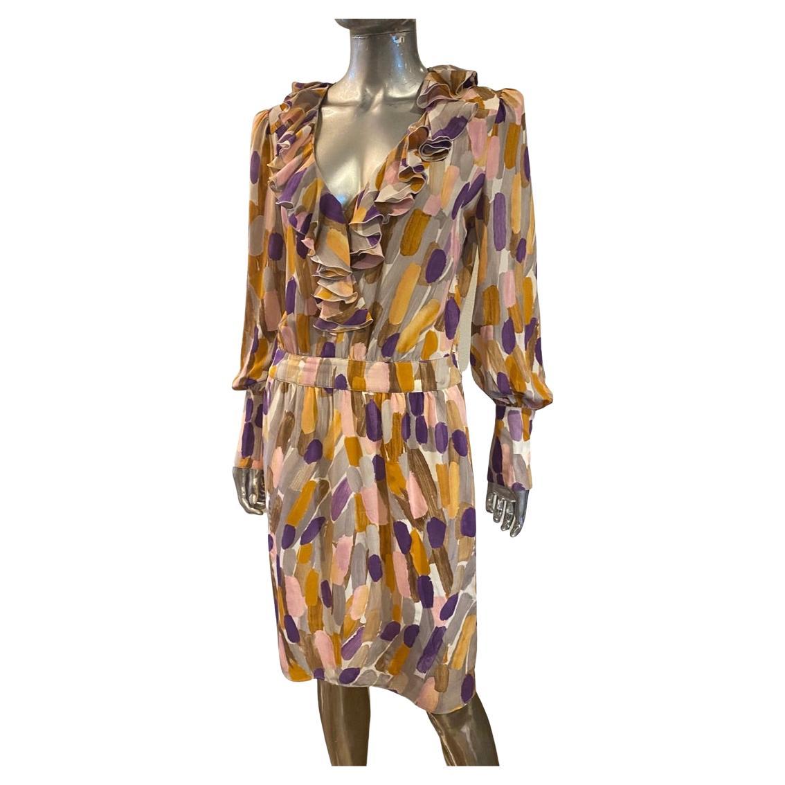 Escada - Robe fourreau en soie aquarelle à imprimé abstrait avec encolure à volants - Taille 8 en vente