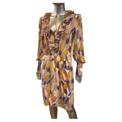 Vintage Escada Silk Watercolor Abstract Print Sheath Dress with Ruffle Neckline Size 8