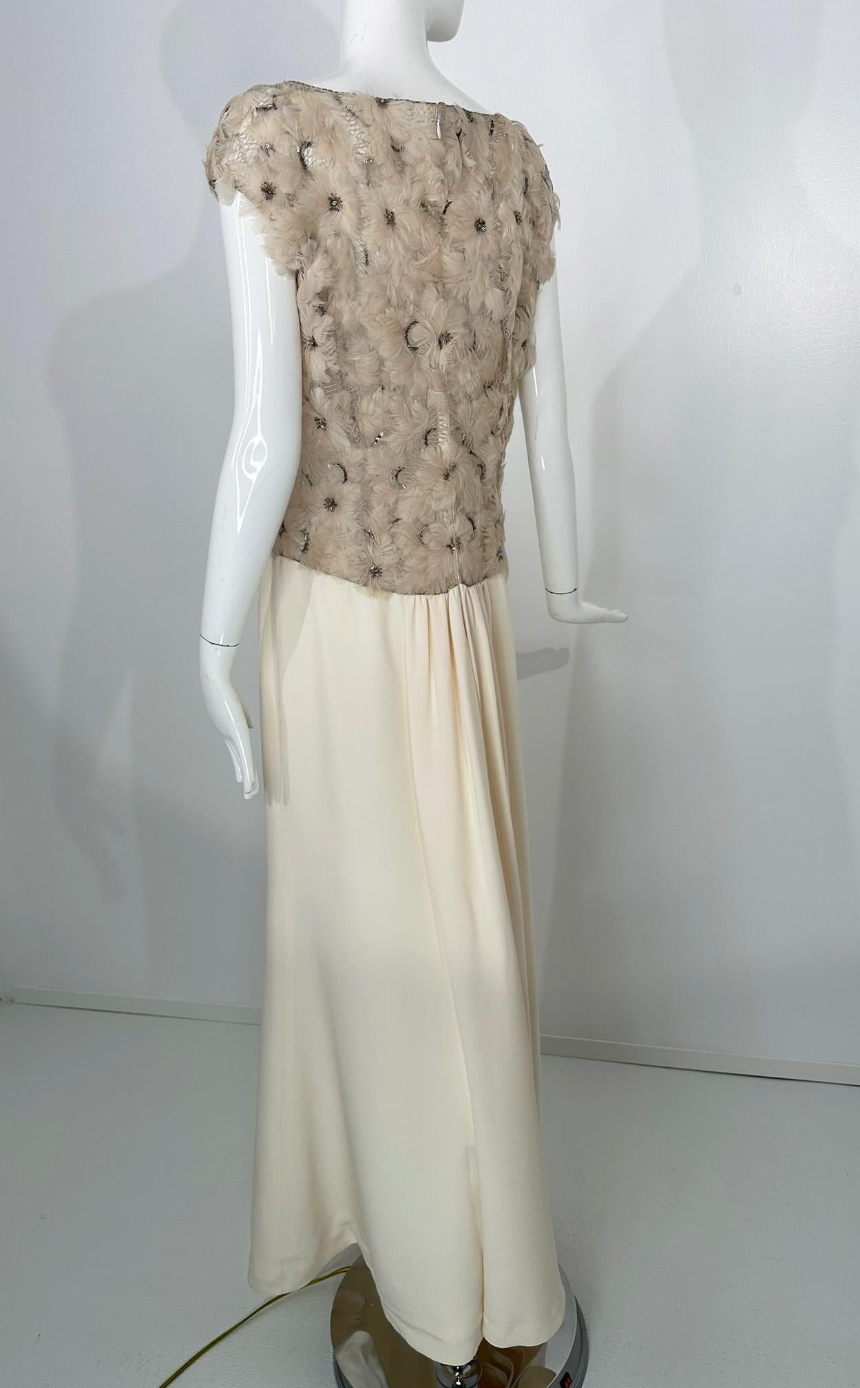 Escada Silver Sequin Feather Rosette on Cord Lattice Work & Cream Silk Gown 40 For Sale 6