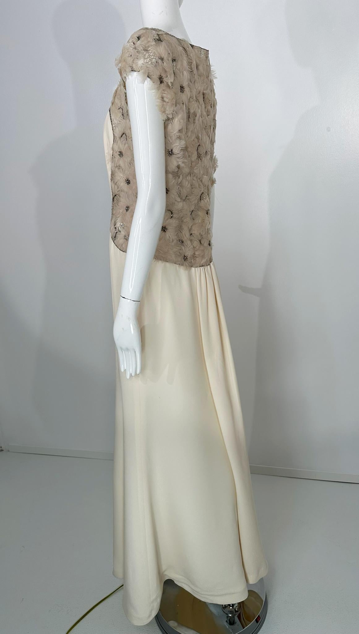 Escada Silver Sequin Feather Rosette on Cord Lattice Work & Cream Silk Gown 40 For Sale 8