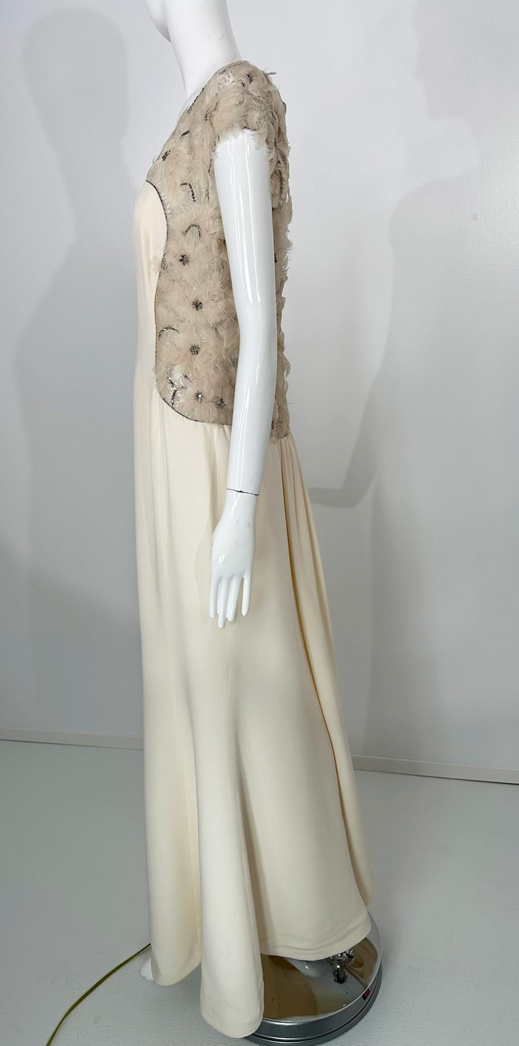Escada Silver Sequin Feather Rosette on Cord Lattice Work & Cream Silk Gown 40 For Sale 9