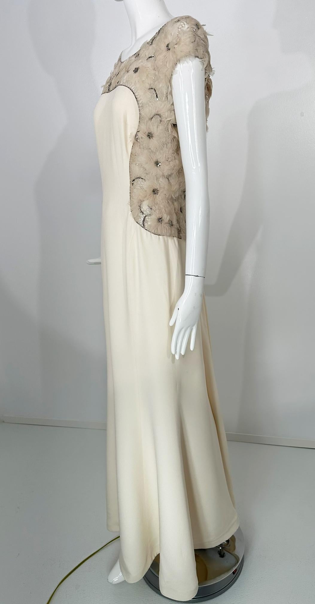 Escada Silver Sequin Feather Rosette on Cord Lattice Work & Cream Silk Gown 40 For Sale 10