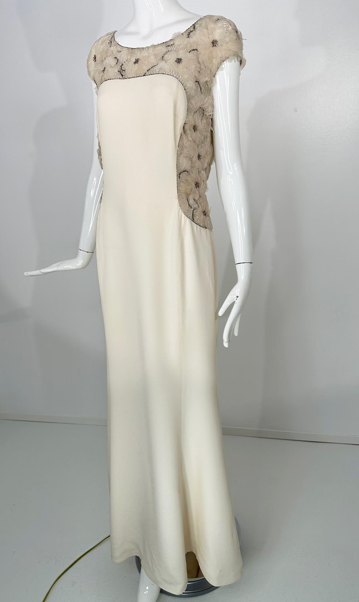 Escada Silver Sequin Feather Rosette on Cord Lattice Work & Cream Silk Gown 40 For Sale 11