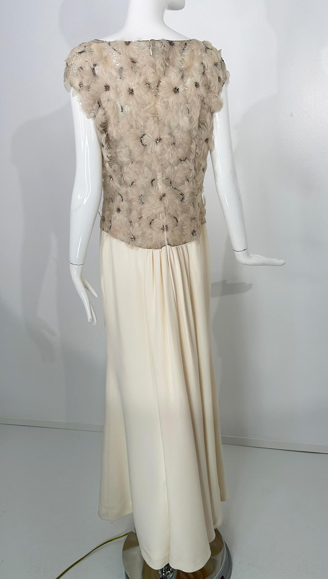 Escada Silver Sequin Feather Rosette on Cord Lattice Work & Cream Silk Gown 40 For Sale 12