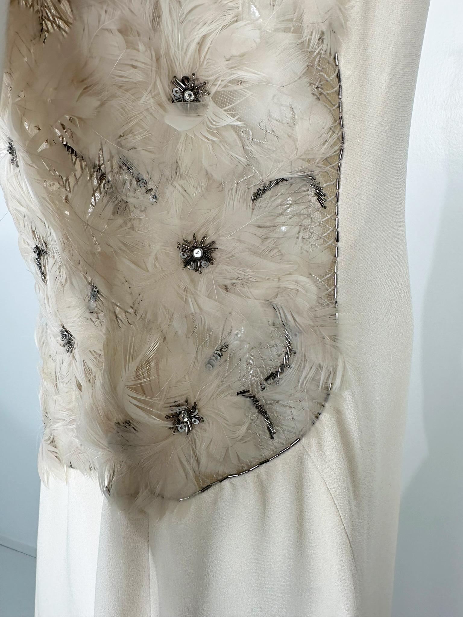 Escada Silver Sequin Feather Rosette on Cord Lattice Work & Cream Silk Gown 40 For Sale 15