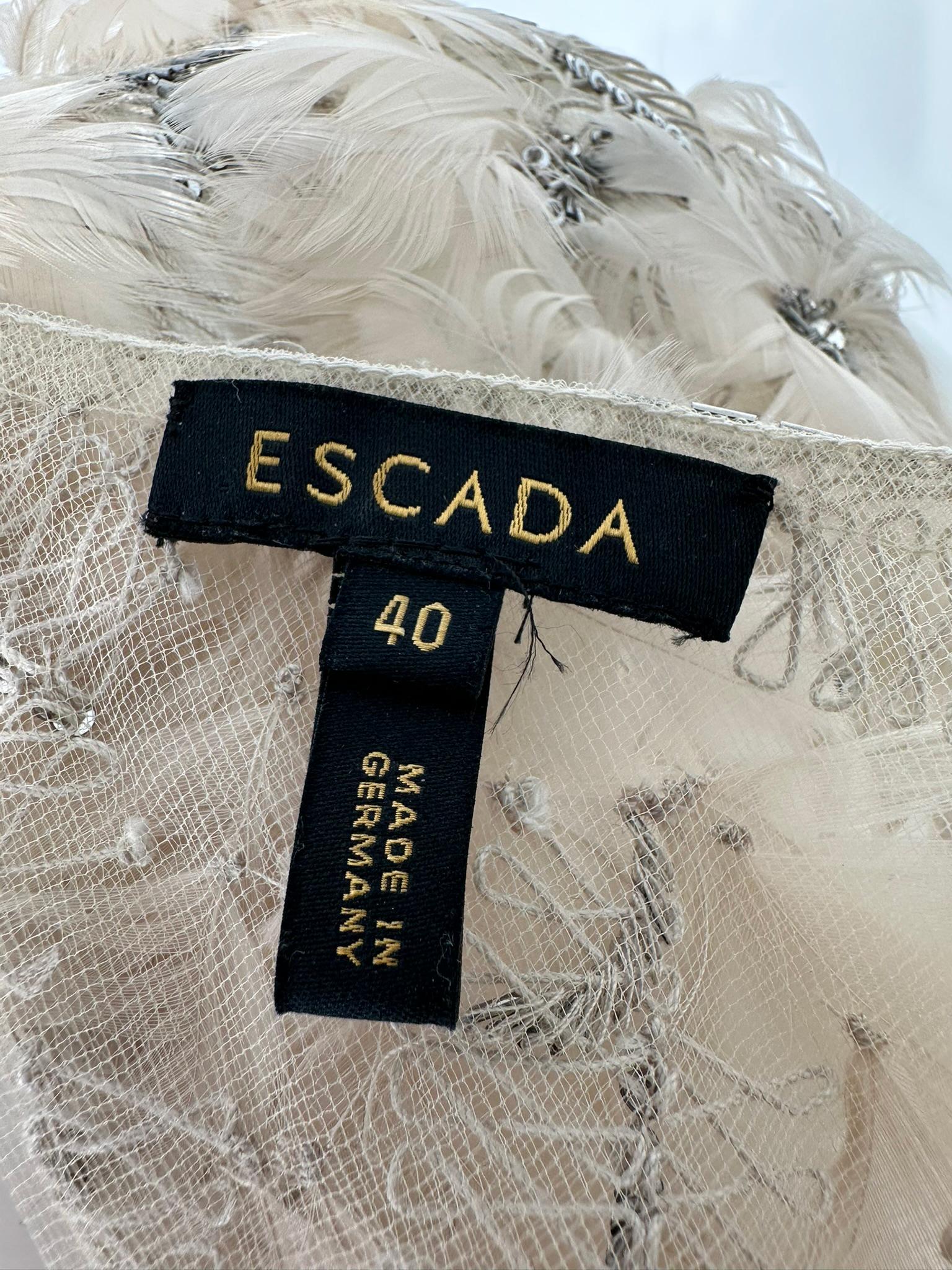 Escada Silver Sequin Feather Rosette on Cord Lattice Work & Cream Silk Gown 40 For Sale 16