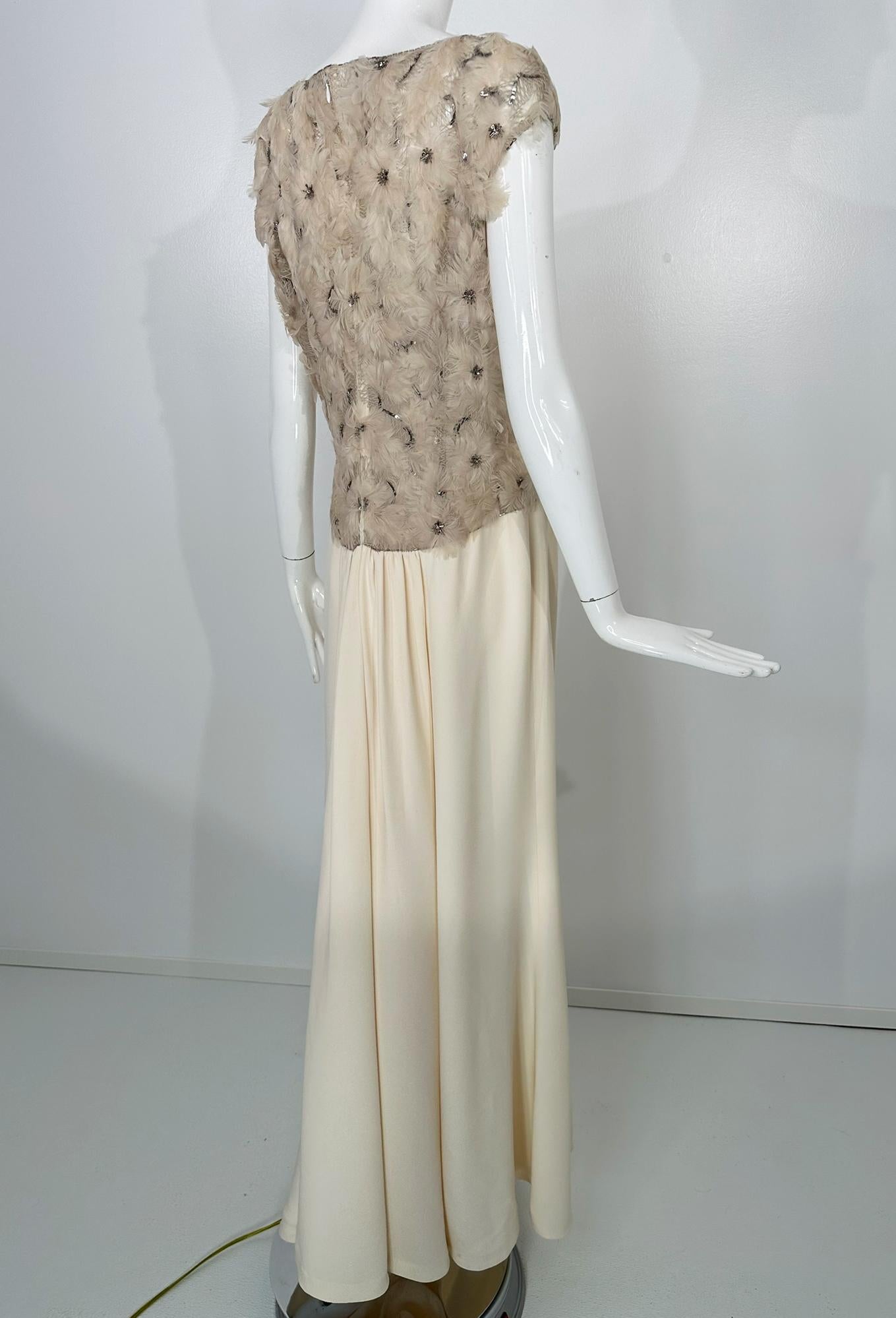 Escada Silver Sequin Feather Rosette on Cord Lattice Work & Cream Silk Gown 40 For Sale 2