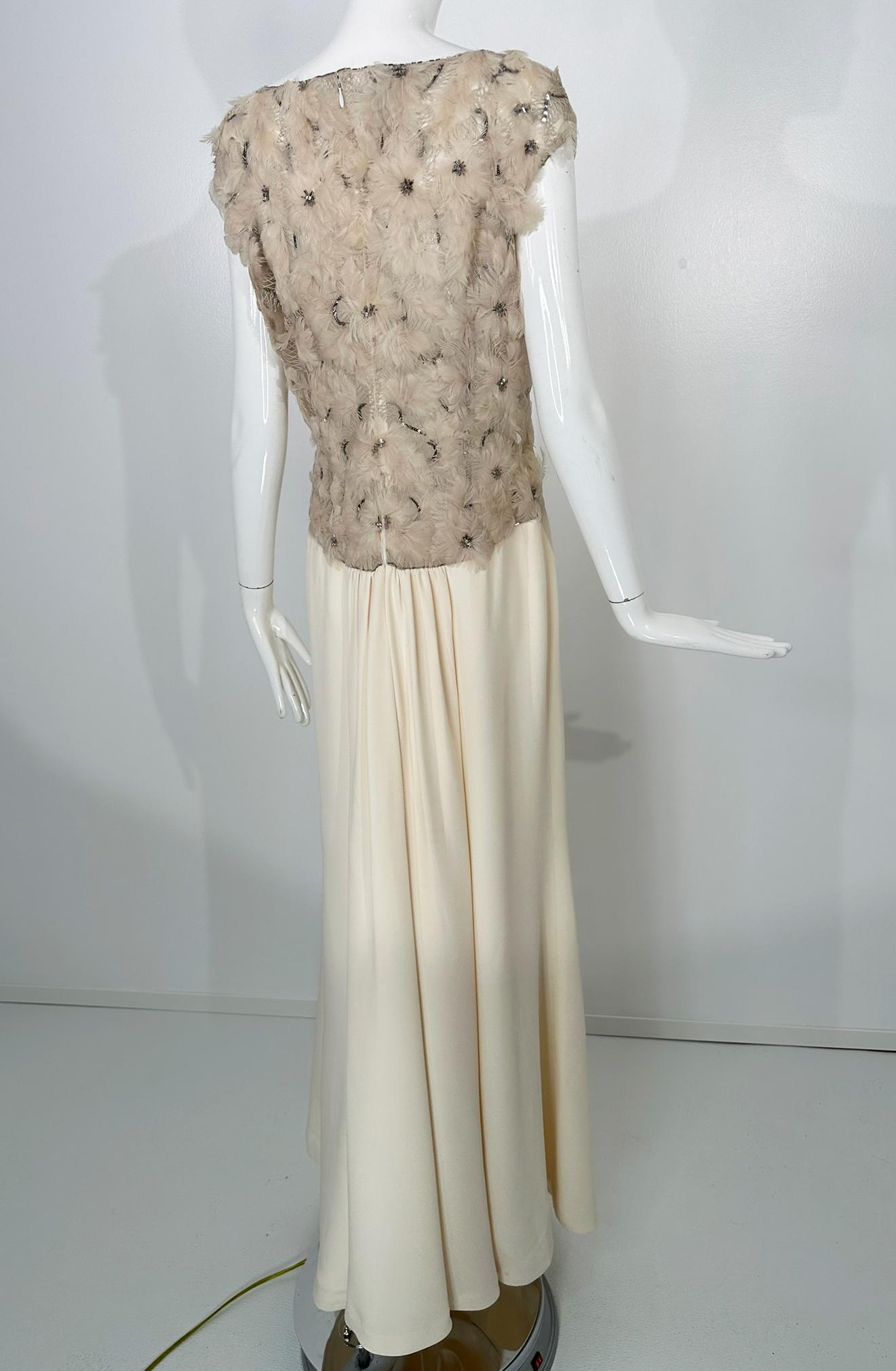 Escada Silver Sequin Feather Rosette on Cord Lattice Work & Cream Silk Gown 40 For Sale 3
