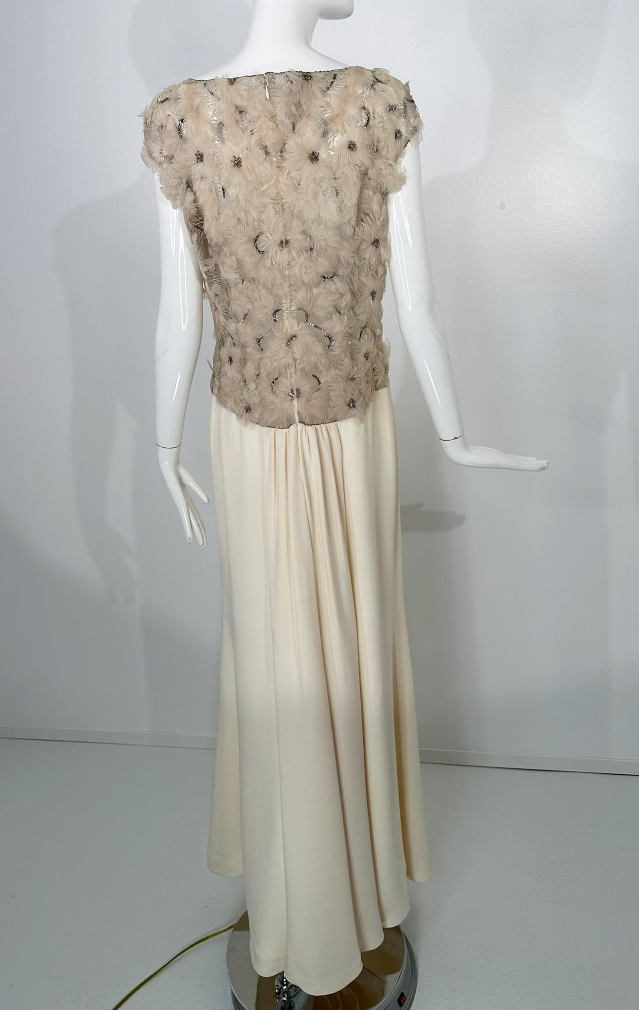 Escada Silver Sequin Feather Rosette on Cord Lattice Work & Cream Silk Gown 40 For Sale 4