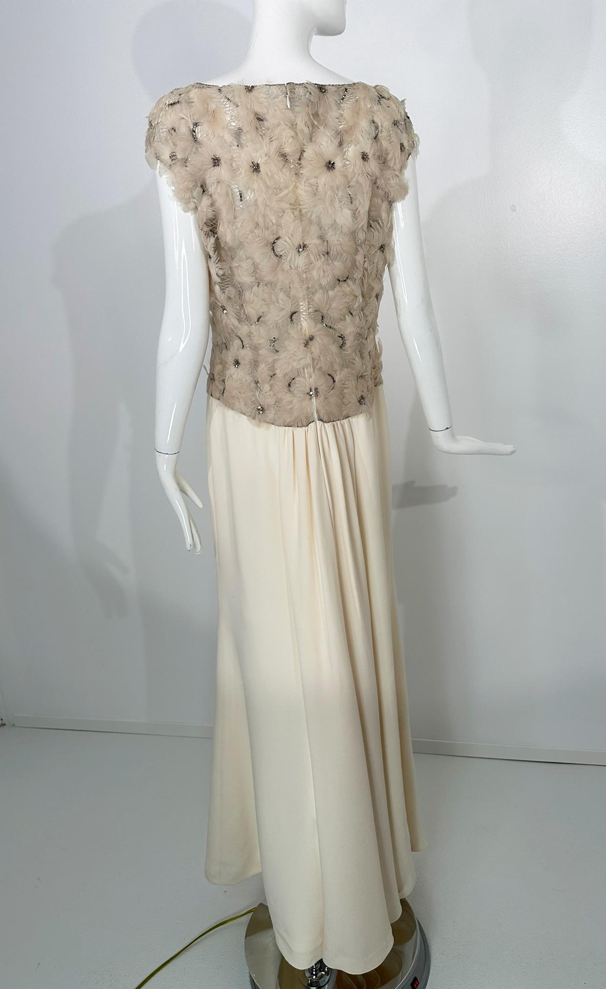 Escada Silver Sequin Feather Rosette on Cord Lattice Work & Cream Silk Gown 40 For Sale 5