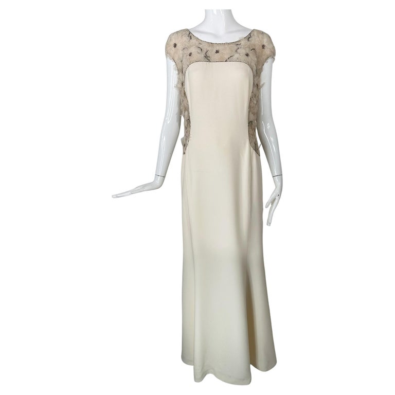 Escada Silver Sequin Feather Rosette On Cord Lattice Work & Cream Silk Gown 40