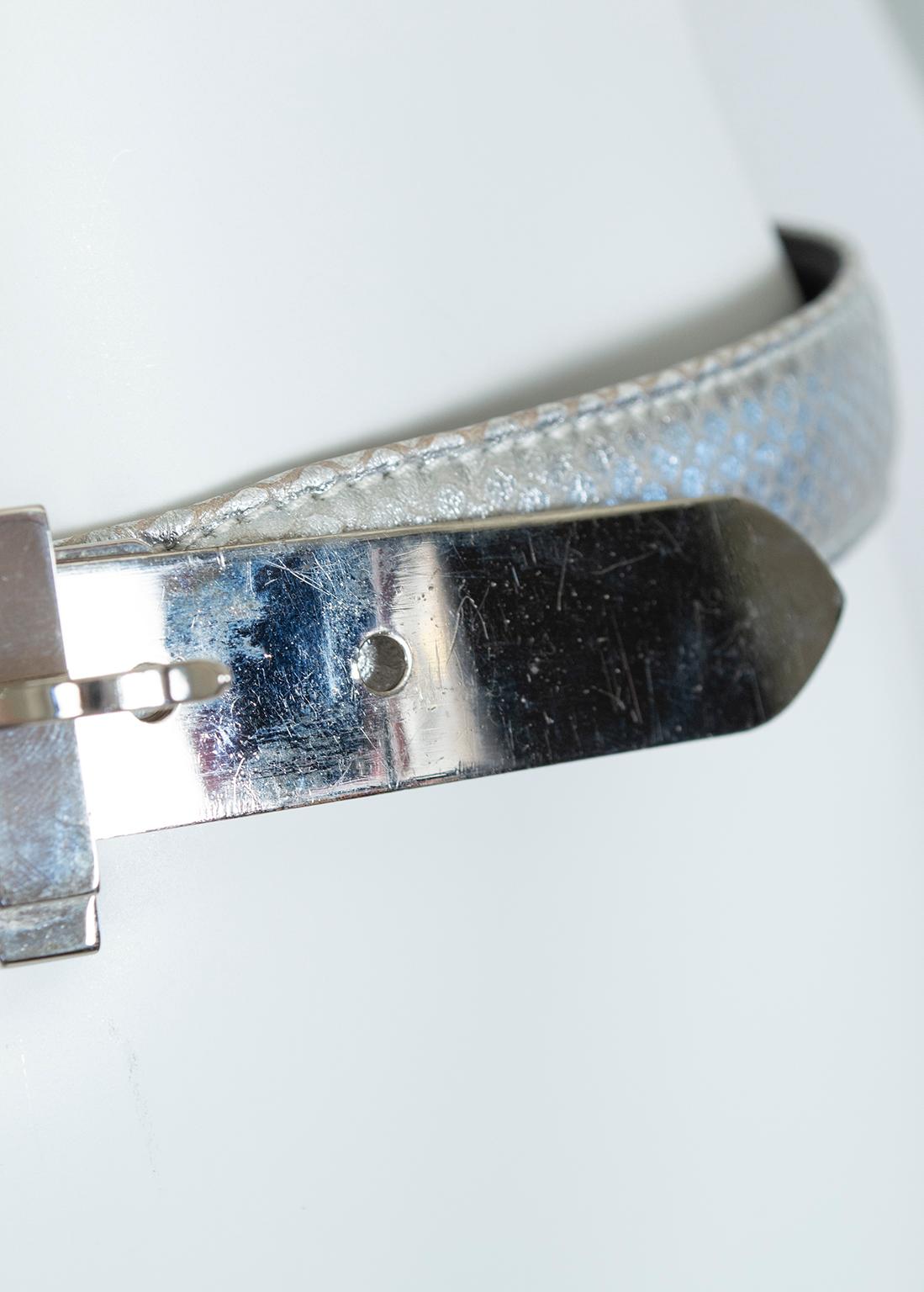Escada Silver Snakeskin Belt with Modernist Chrome Buckle and Tail –Small, 1980s In Good Condition For Sale In Tucson, AZ