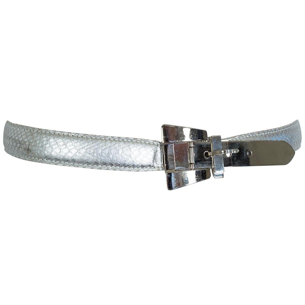 Escada Silver Snakeskin Belt with Modernist Chrome Buckle and Tail –Small, 1980s For Sale