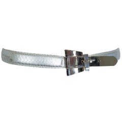 Vintage Escada Silver Snakeskin Belt with Modernist Chrome Buckle and Tail –Small, 1980s