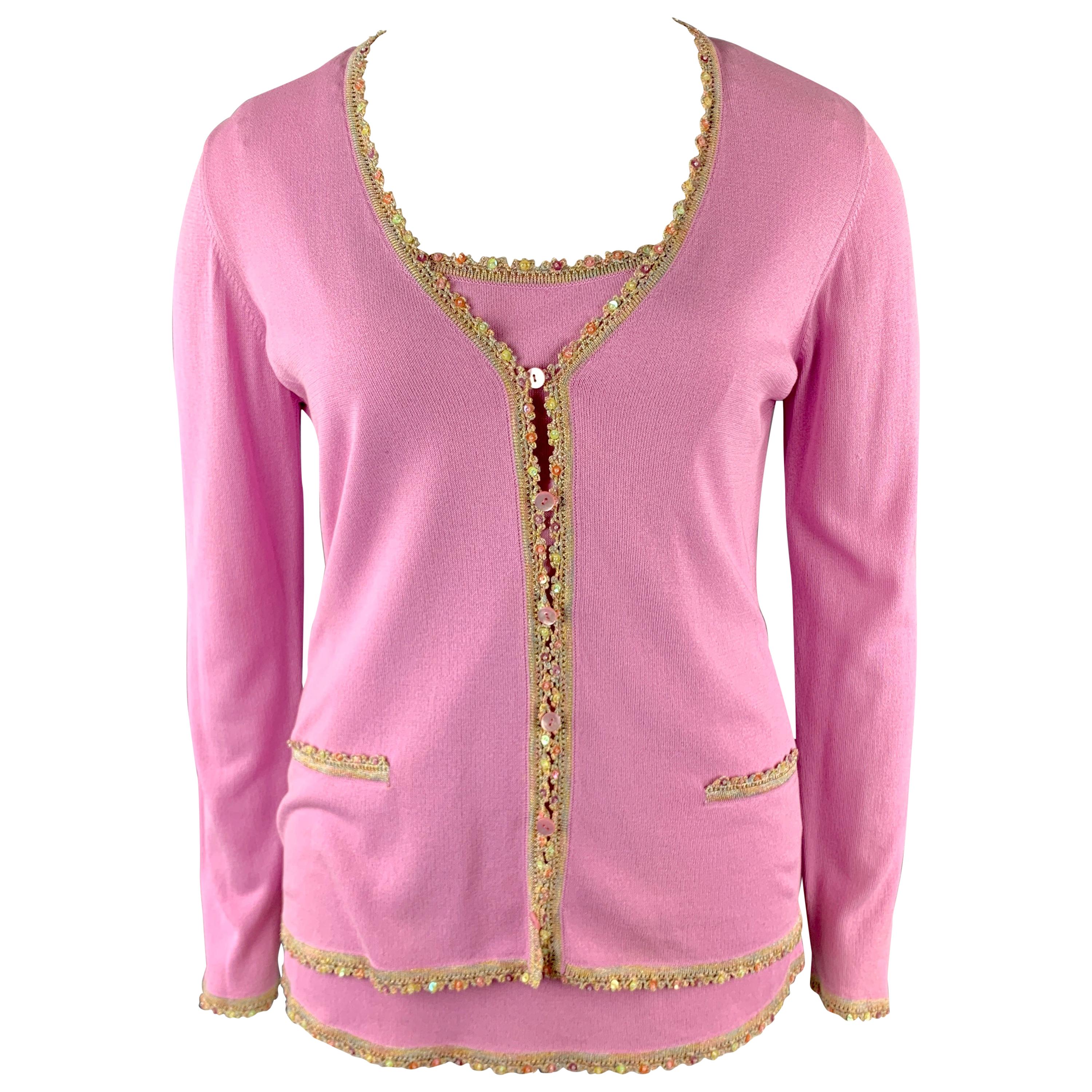 ESCADA Size 10 Pink Rayon Blend Embellished Trim Cardigan Camisole Set