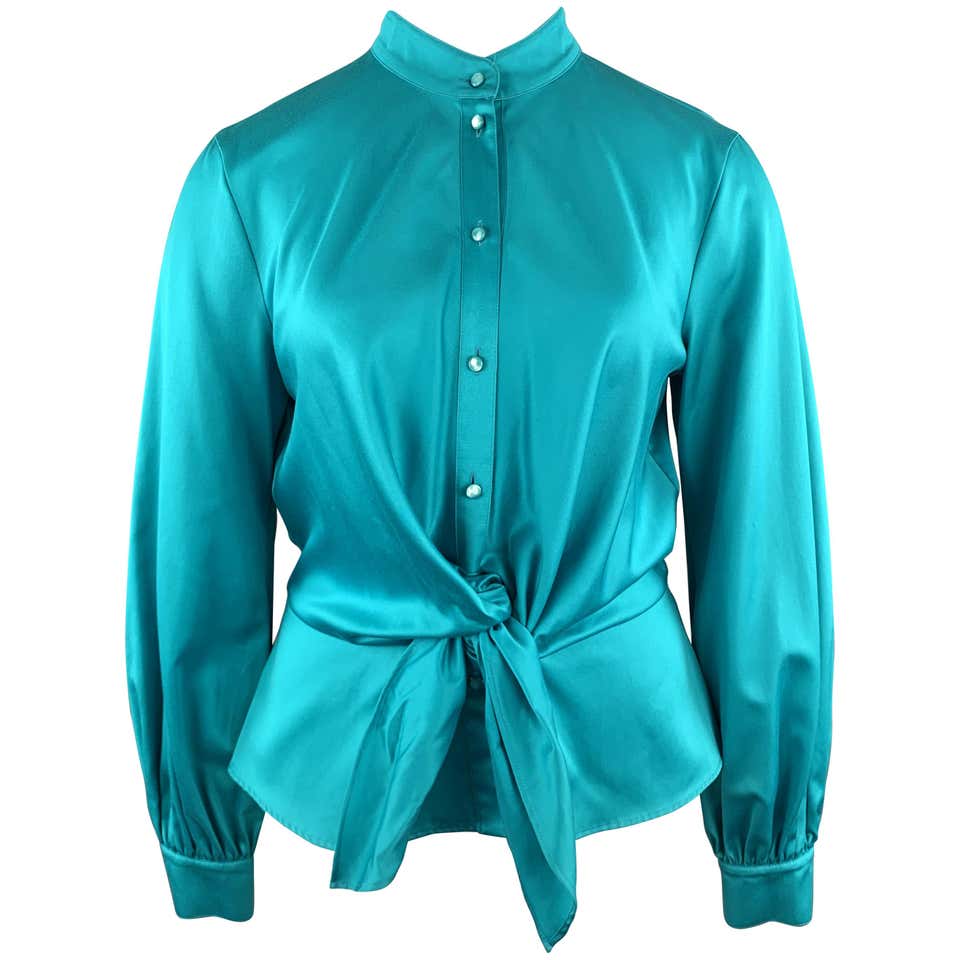 ESCADA Size 12 Turquoise Cotton Sateen Band Collar Tied Blouse at 1stDibs