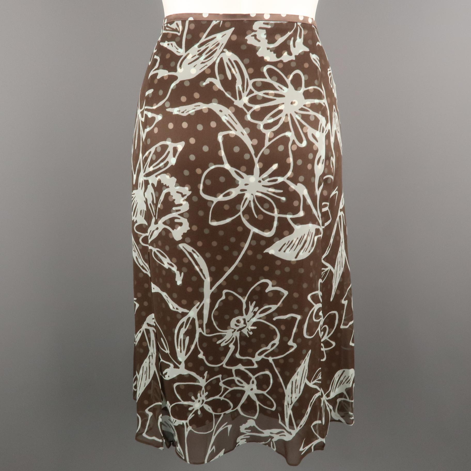 ESCADA Size 16 Brown & Teal Floral & Polka Dot Silk Chiffon Skirt 1