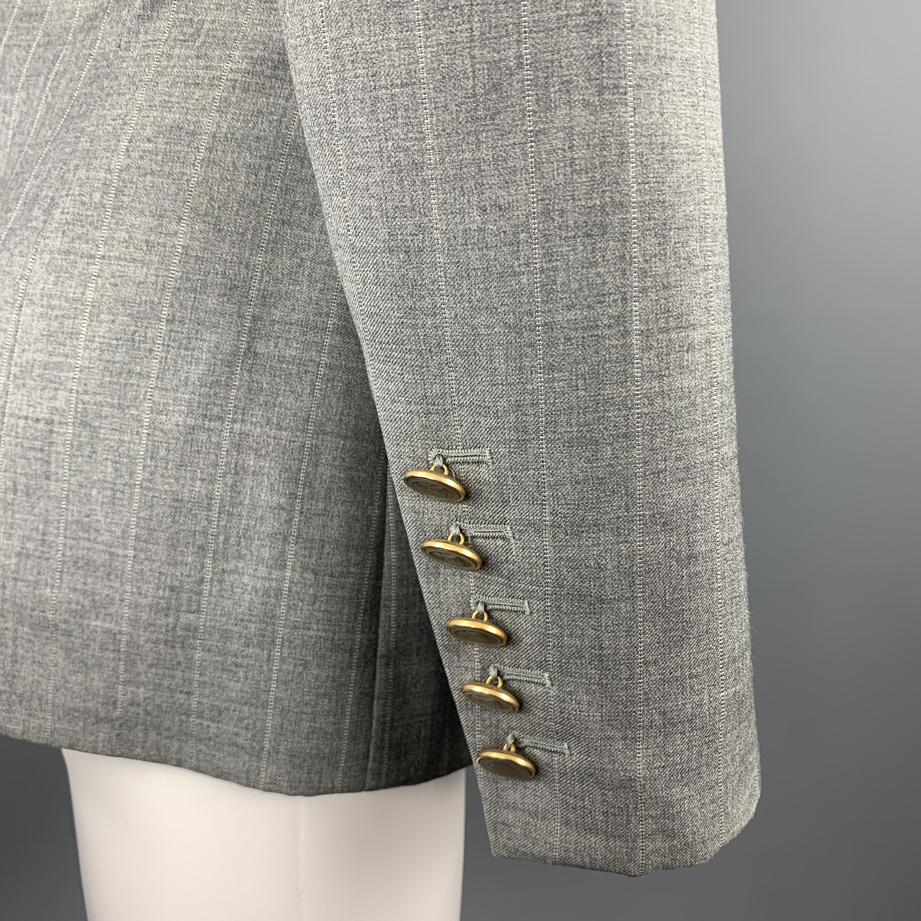 Gray ESCADA Size 4 Grey Plaid Virgin Wool Gold Enamel Button Blazer