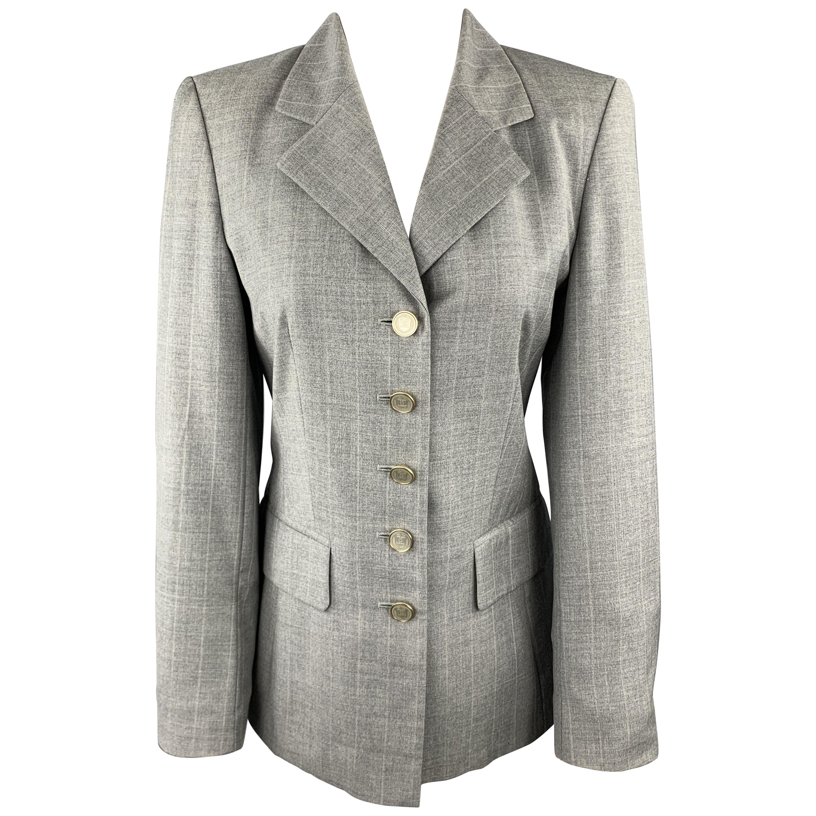 ESCADA Size 4 Grey Plaid Virgin Wool Gold Enamel Button Blazer