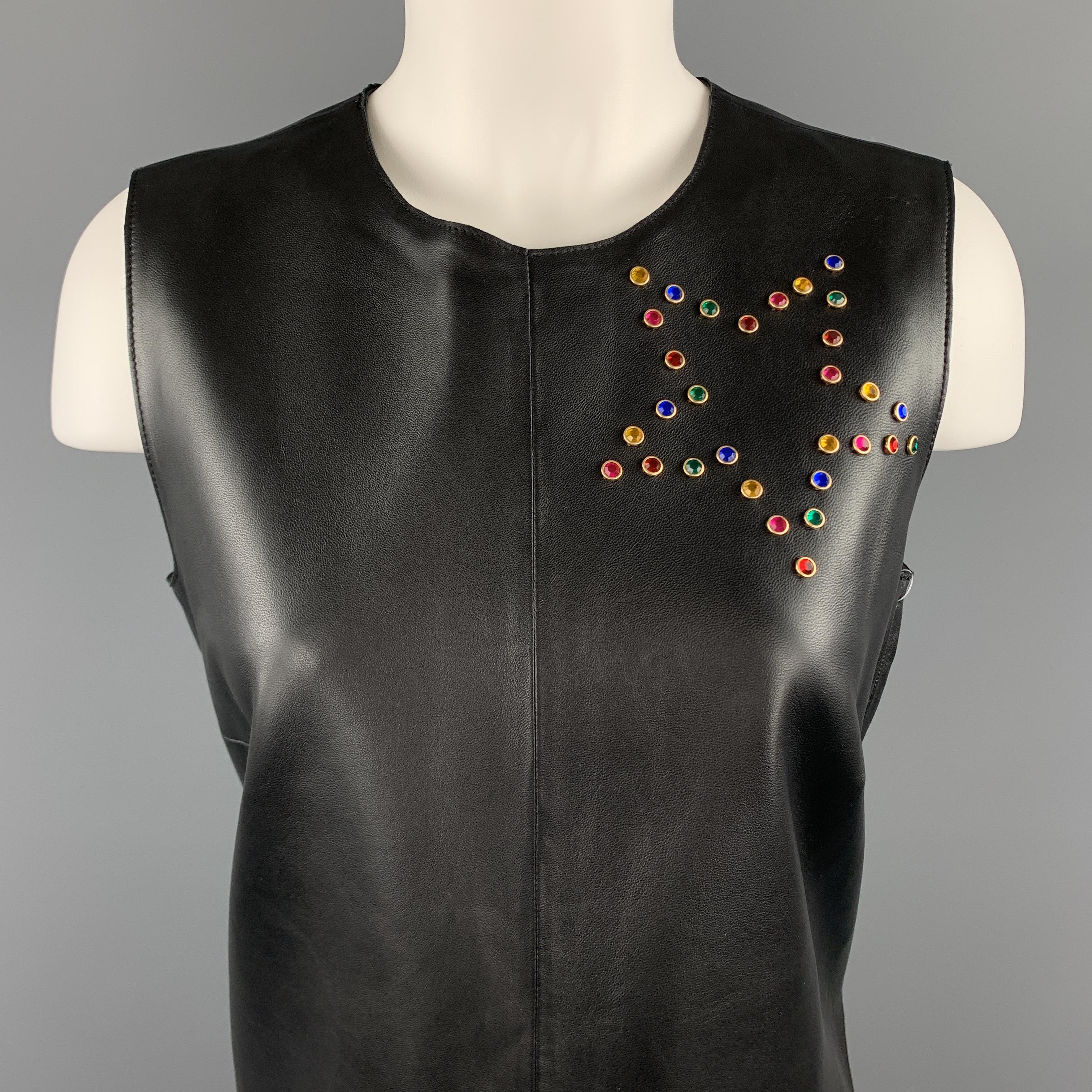 ESCADA SPORT sleeveless shift dress comes in smooth black leather with a round neckline, A line silhouette, and multi color gold tone metal encased gem stone studs in stars throughout. 

New with Tags.
Marked: DE 36

Measurements:

Shoulder: 13