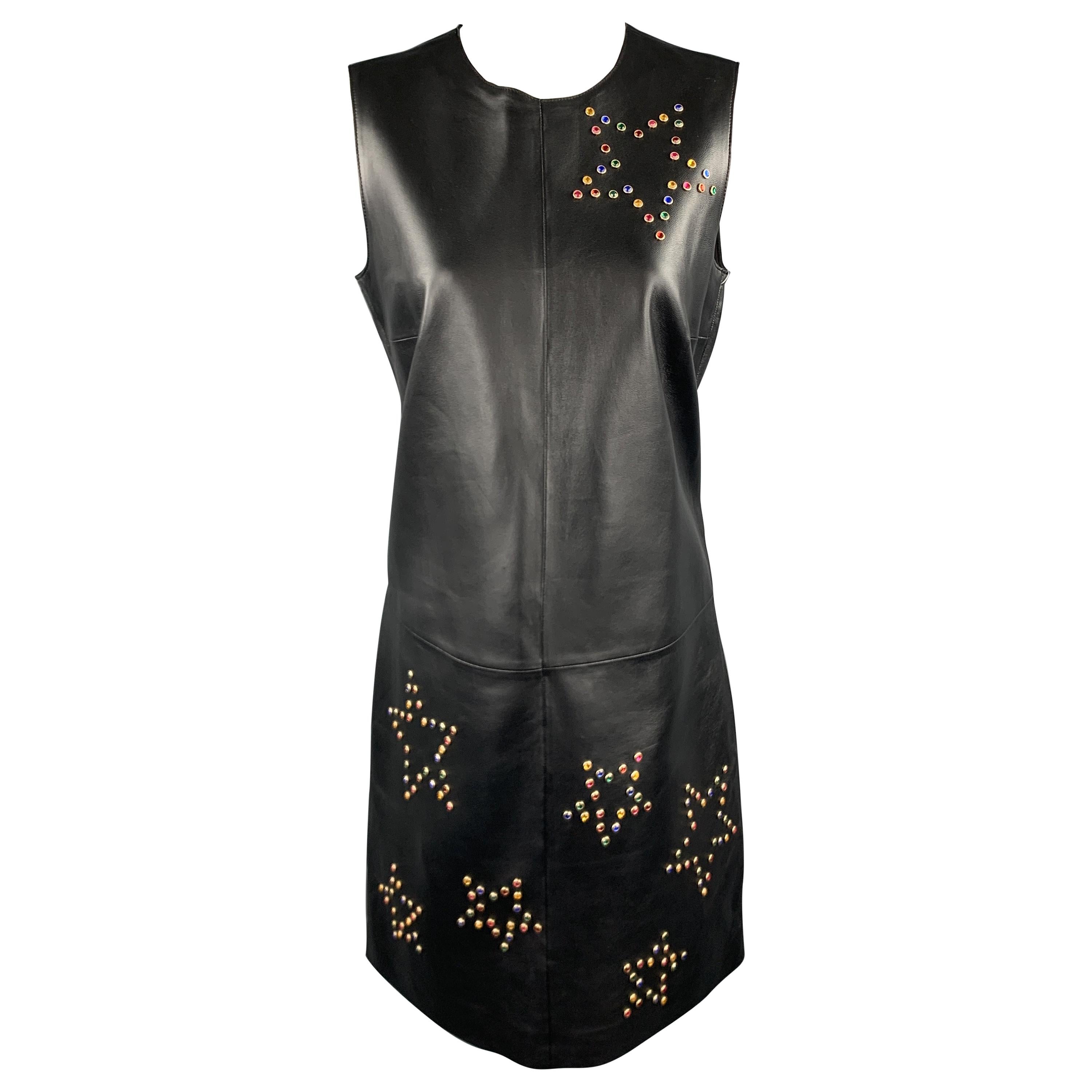 ESCADA Size 6 Black Leather Colored Gem Star Studded Shift Dress