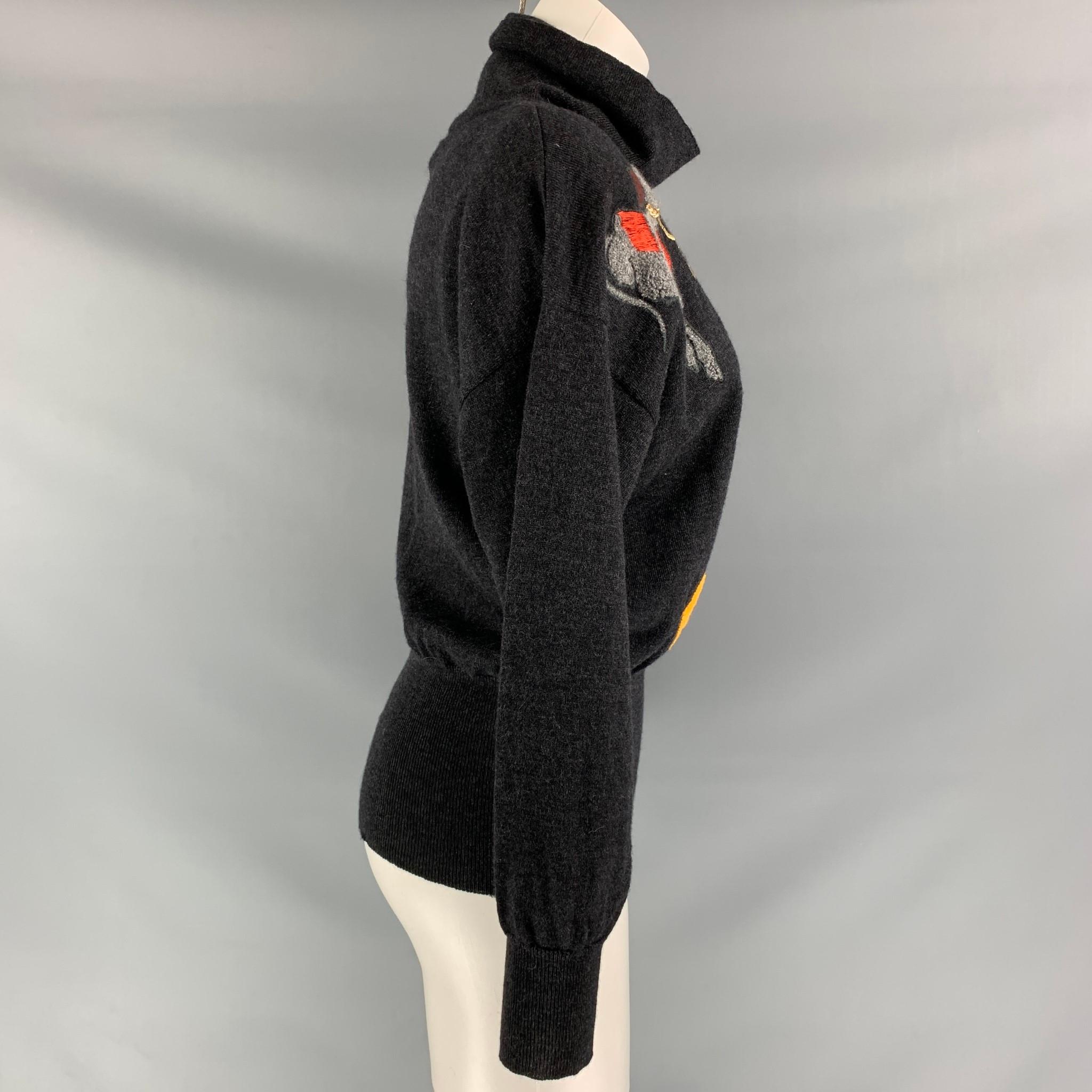 Black ESCADA Size 6 Charcoal Multicolour Wool Embroidered Turtleneck Pullover