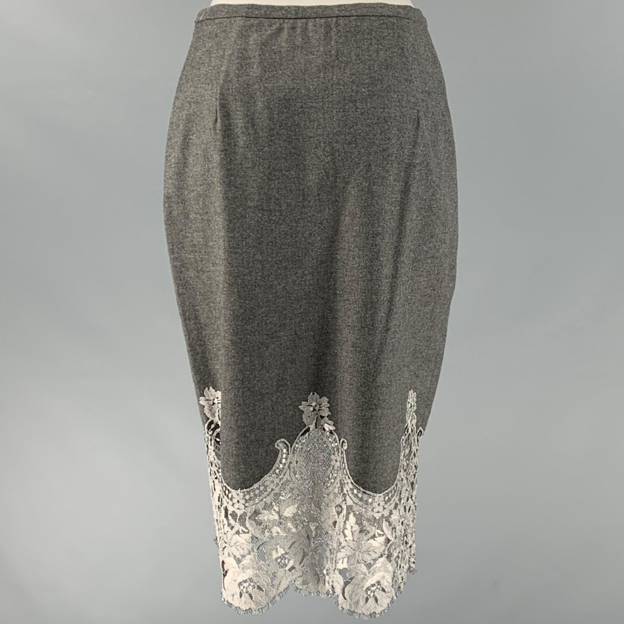 Women's ESCADA Size 6 Grey Silver Wool Cashmere Lace Pencil Mid-Calf Skirt For Sale