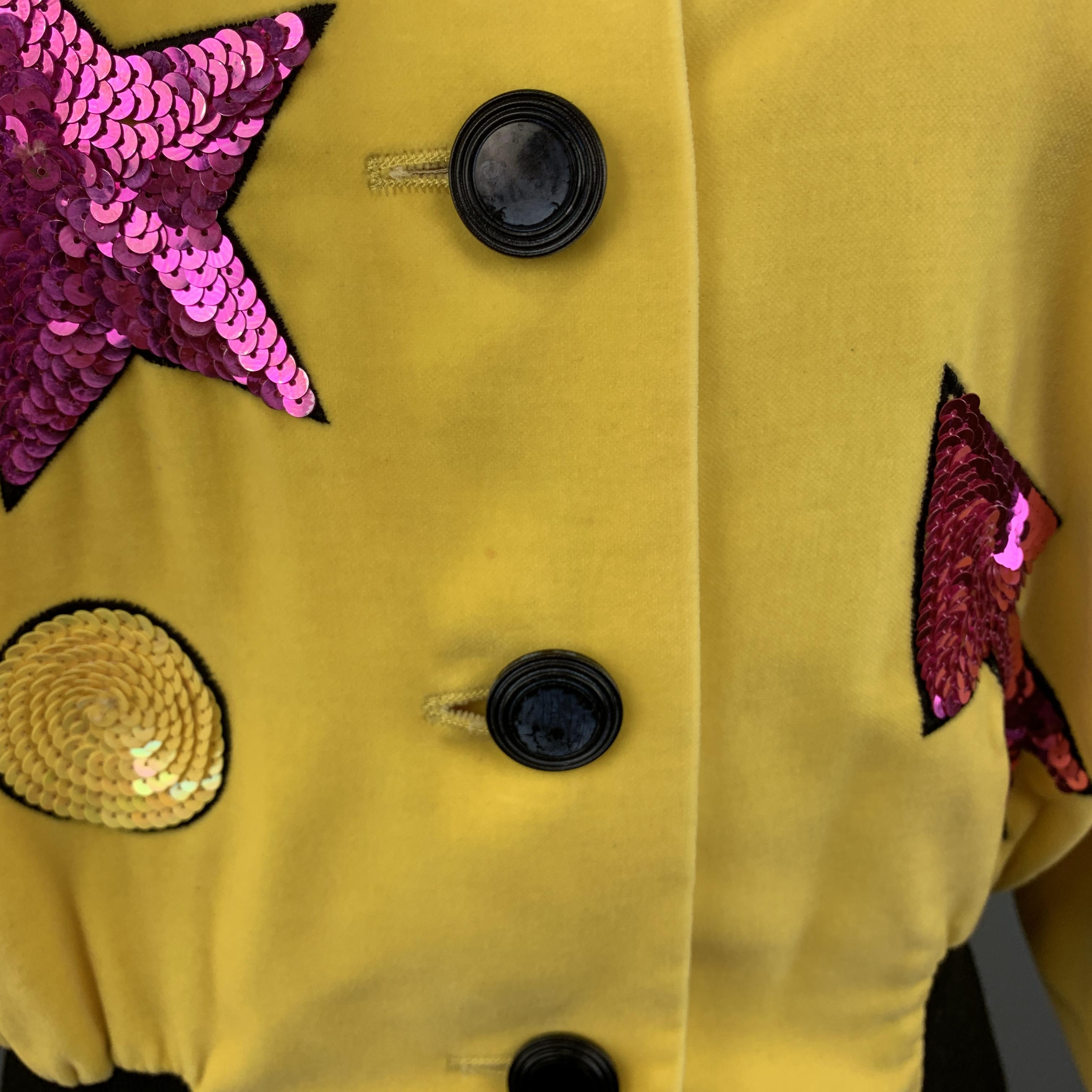 Women's ESCADA Size 6 Yellow Velvet Sequin Patch TRAIL BLAZERS Bomber Jacket