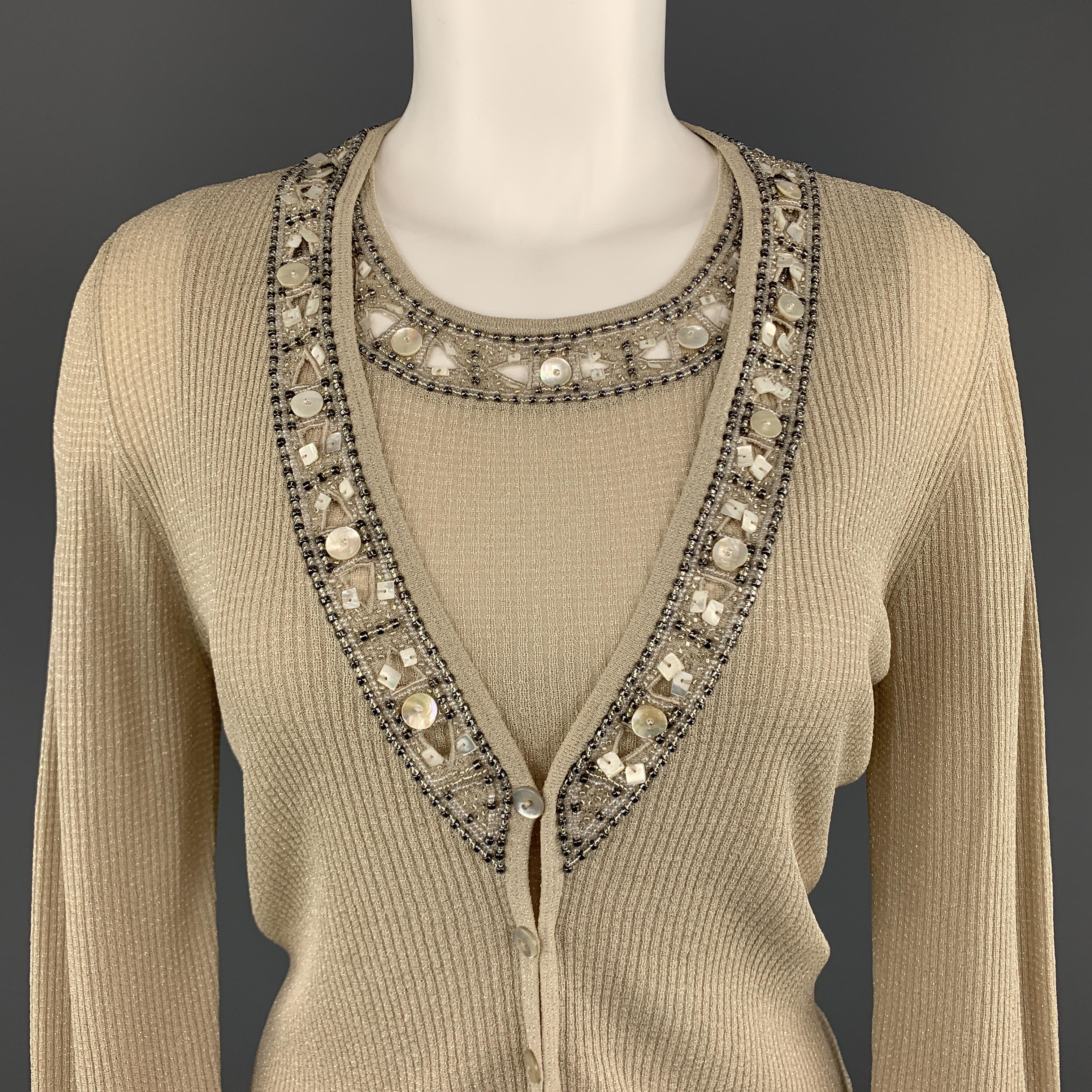 ESCADA Size 8 Beige Beaded Sparkle Knit Cardigan Sweater Vest Set 2