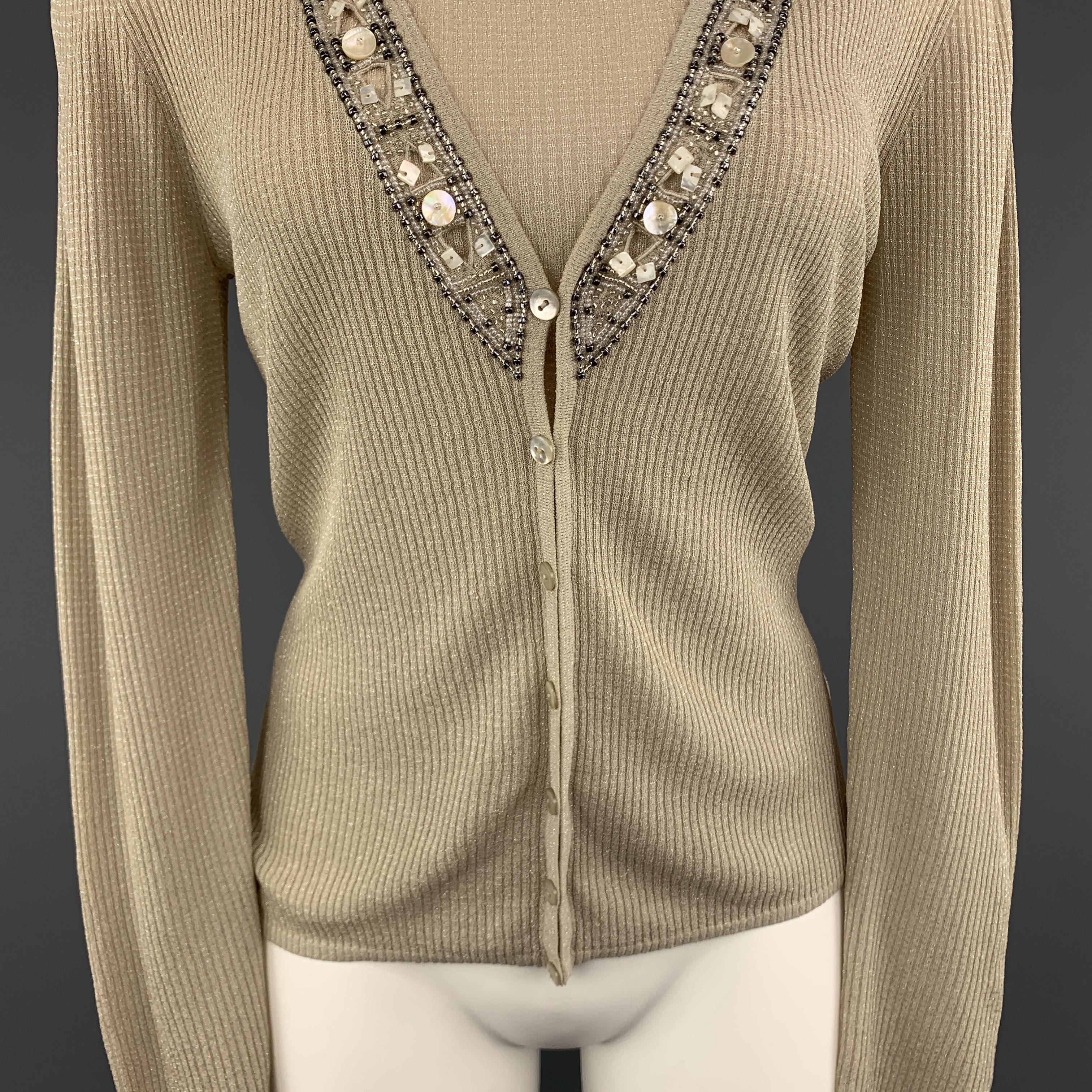 ESCADA Size 8 Beige Beaded Sparkle Knit Cardigan Sweater Vest Set 3