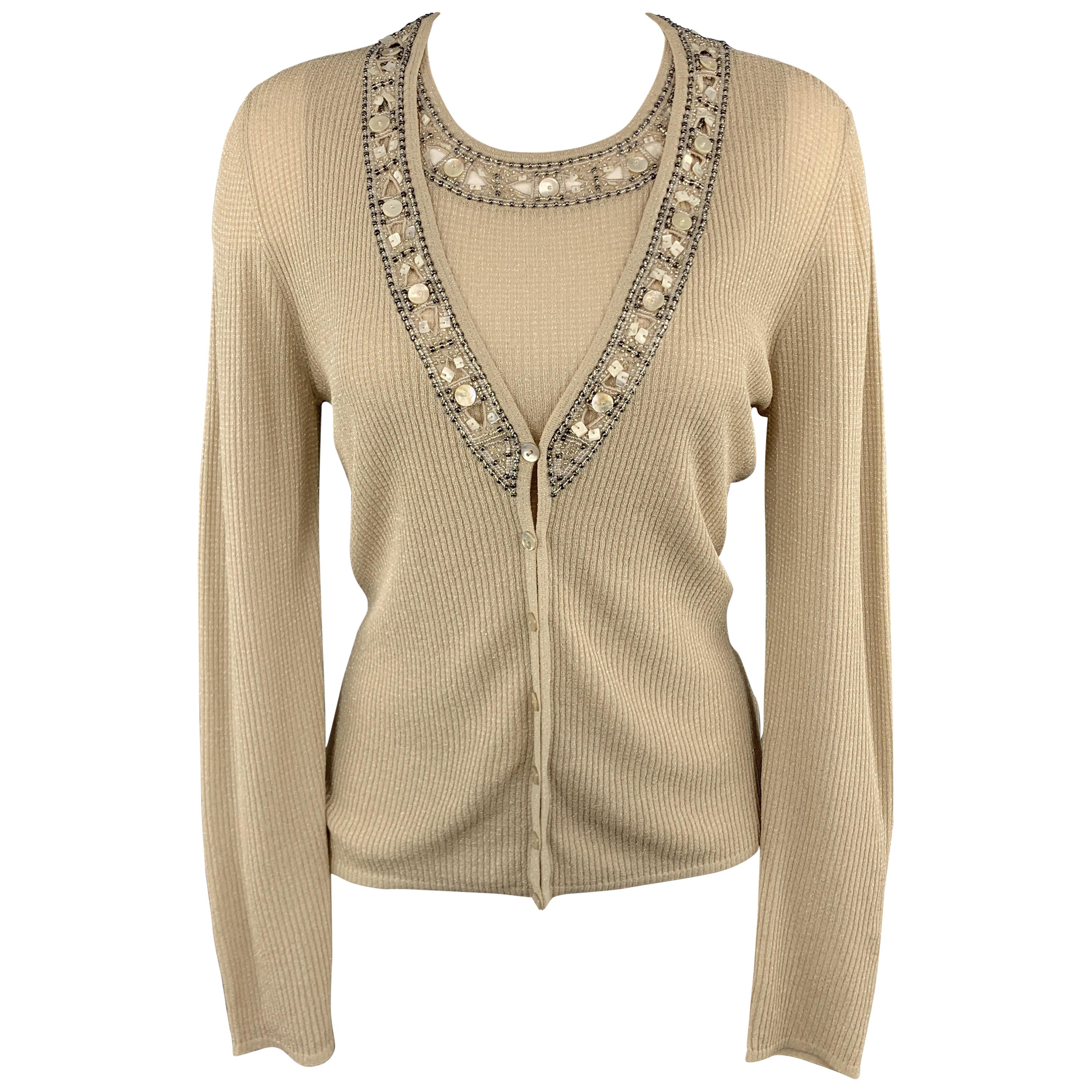 ESCADA Size 8 Beige Beaded Sparkle Knit Cardigan Sweater Vest Set