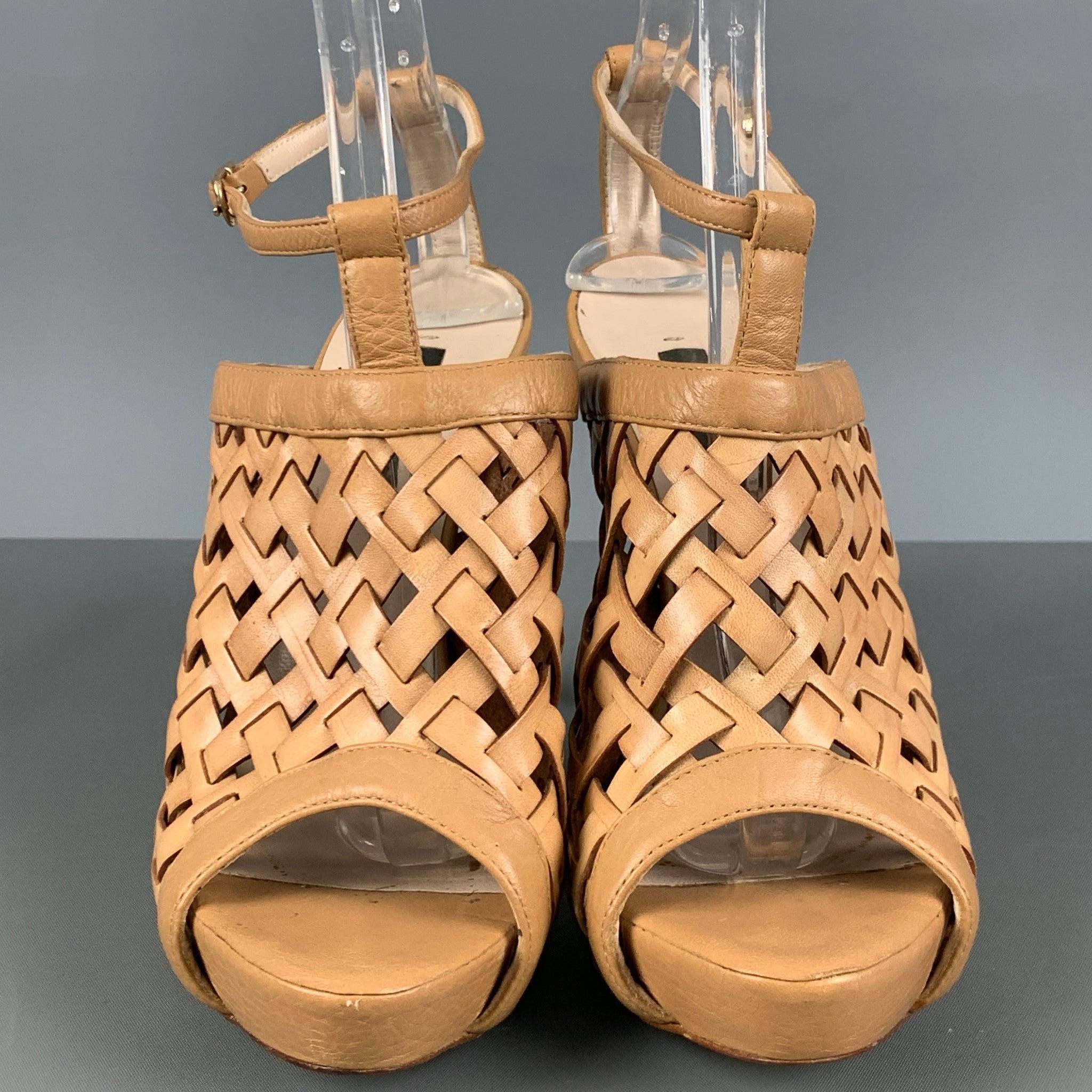 ESCADA Size 8 Beige Leather Woven Ankle Strap Sandals For Sale 1