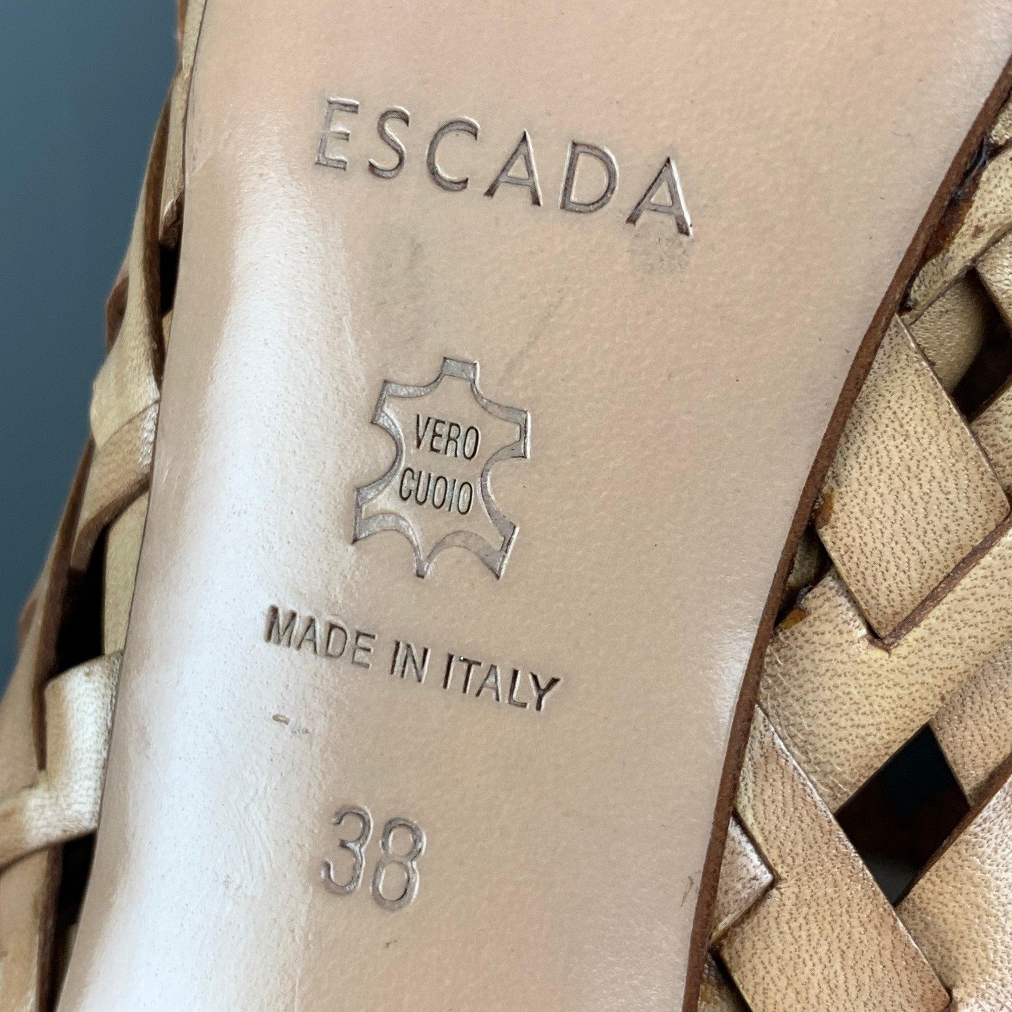 ESCADA Size 8 Beige Leather Woven Ankle Strap Sandals For Sale 5