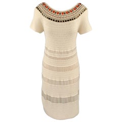 ESCADA Size 8 Beige Silk Knit Beaded Neckline Boat Neck Dress