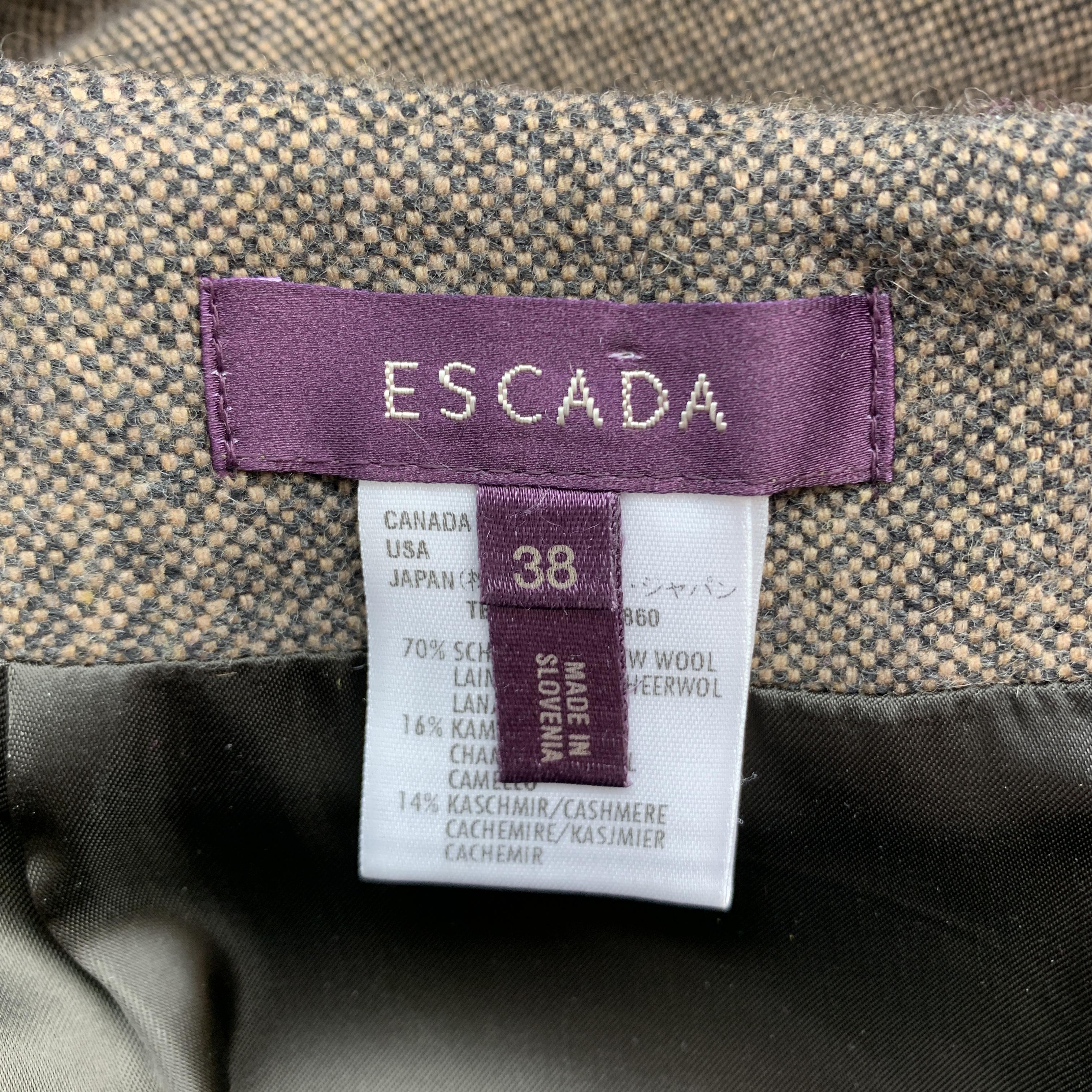 ESCADA Size 8 Taupe & Brown Virgin Wool Blend Tweed Belted Skirt 2