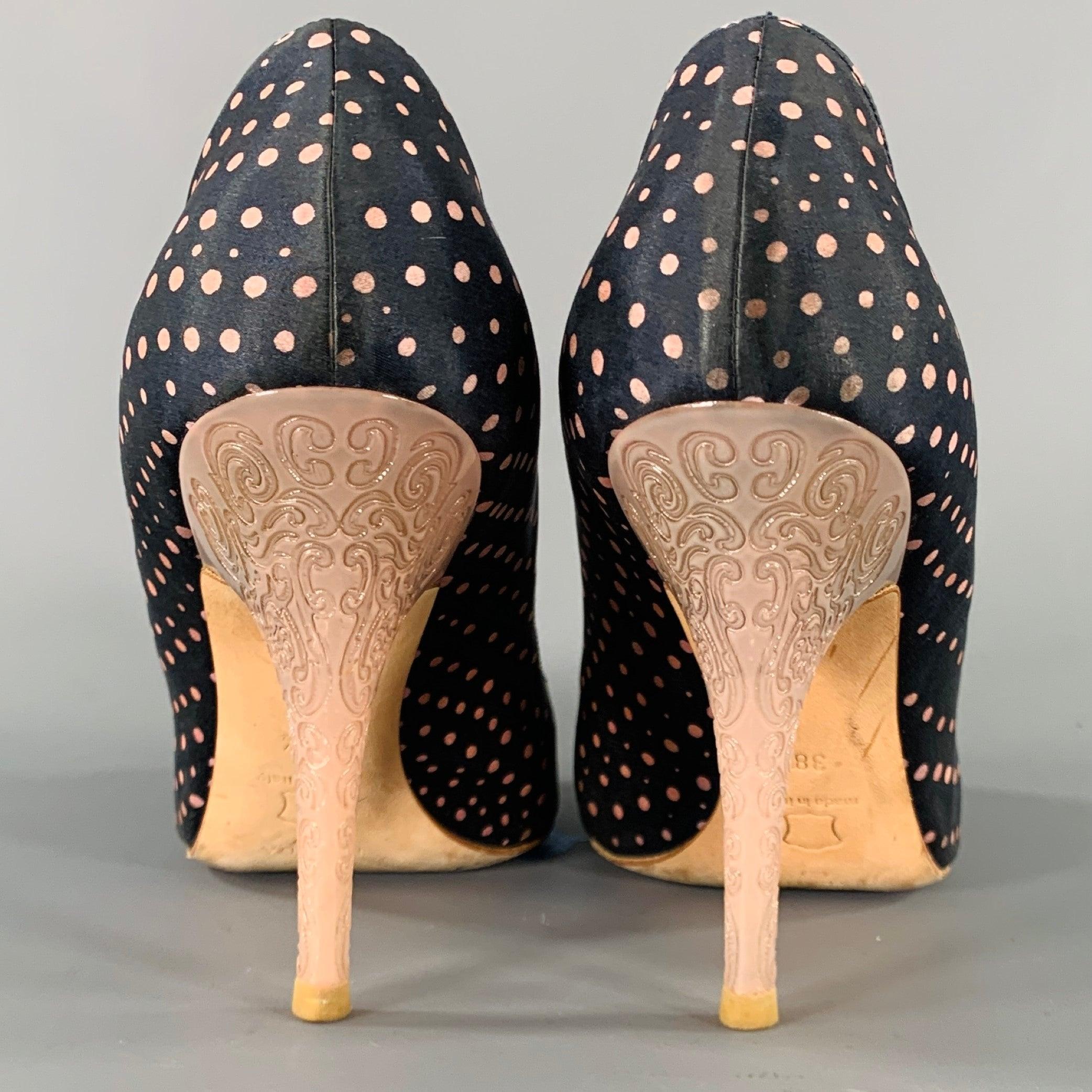 Black ESCADA Size 8.5 Navy Pink Silk Polka Dot Leather Trim Open Toe Pumps For Sale