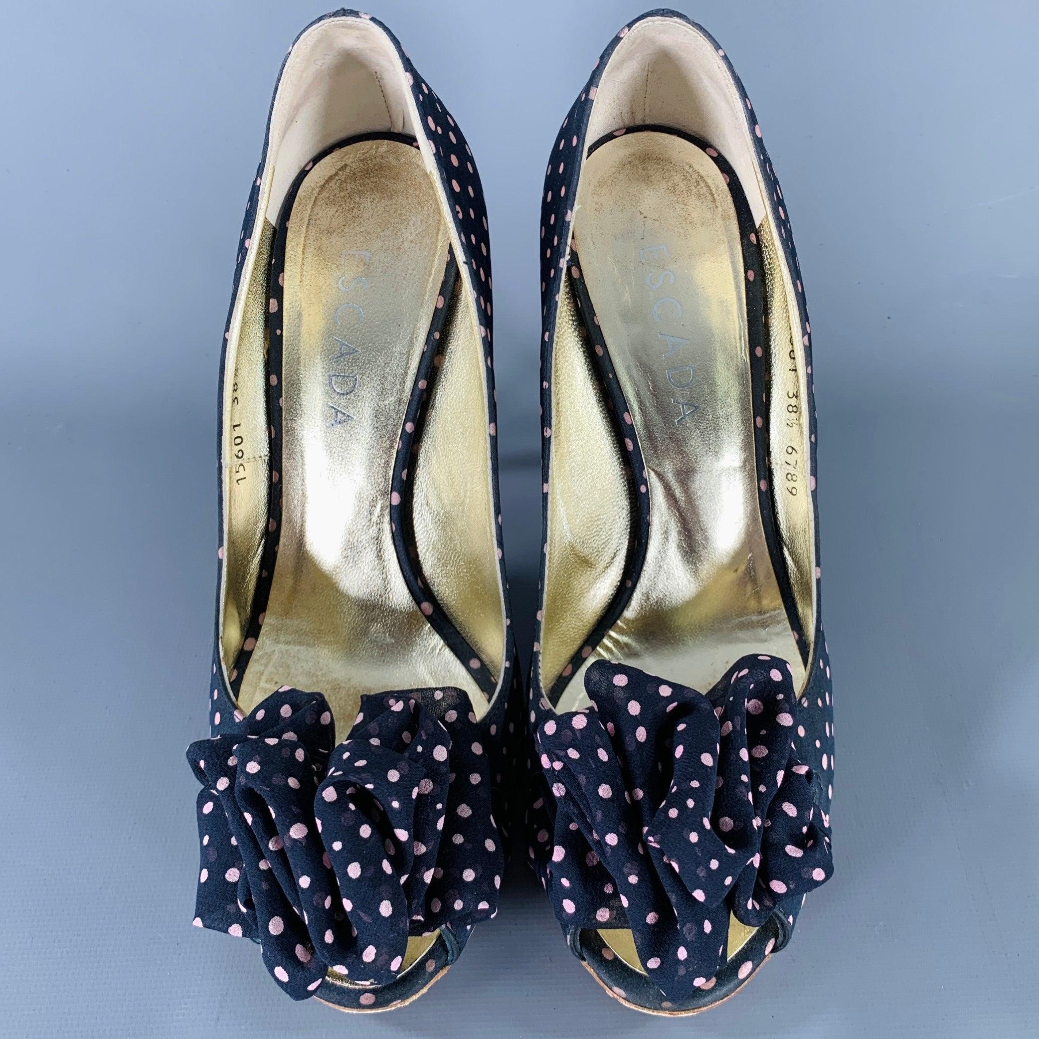 Women's ESCADA Size 8.5 Navy Pink Silk Polka Dot Leather Trim Open Toe Pumps For Sale