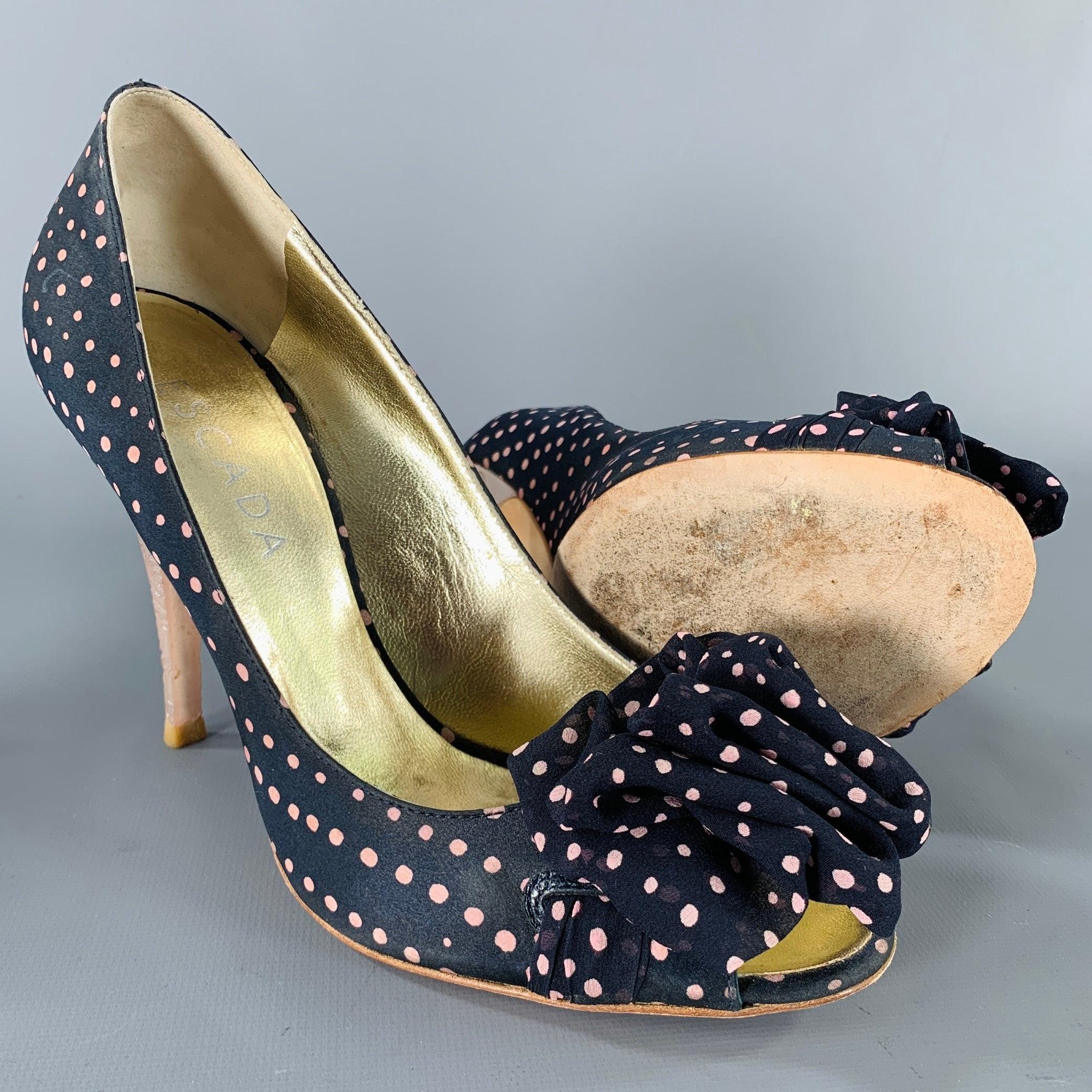 ESCADA Size 8.5 Navy Pink Silk Polka Dot Leather Trim Open Toe Pumps For Sale 1