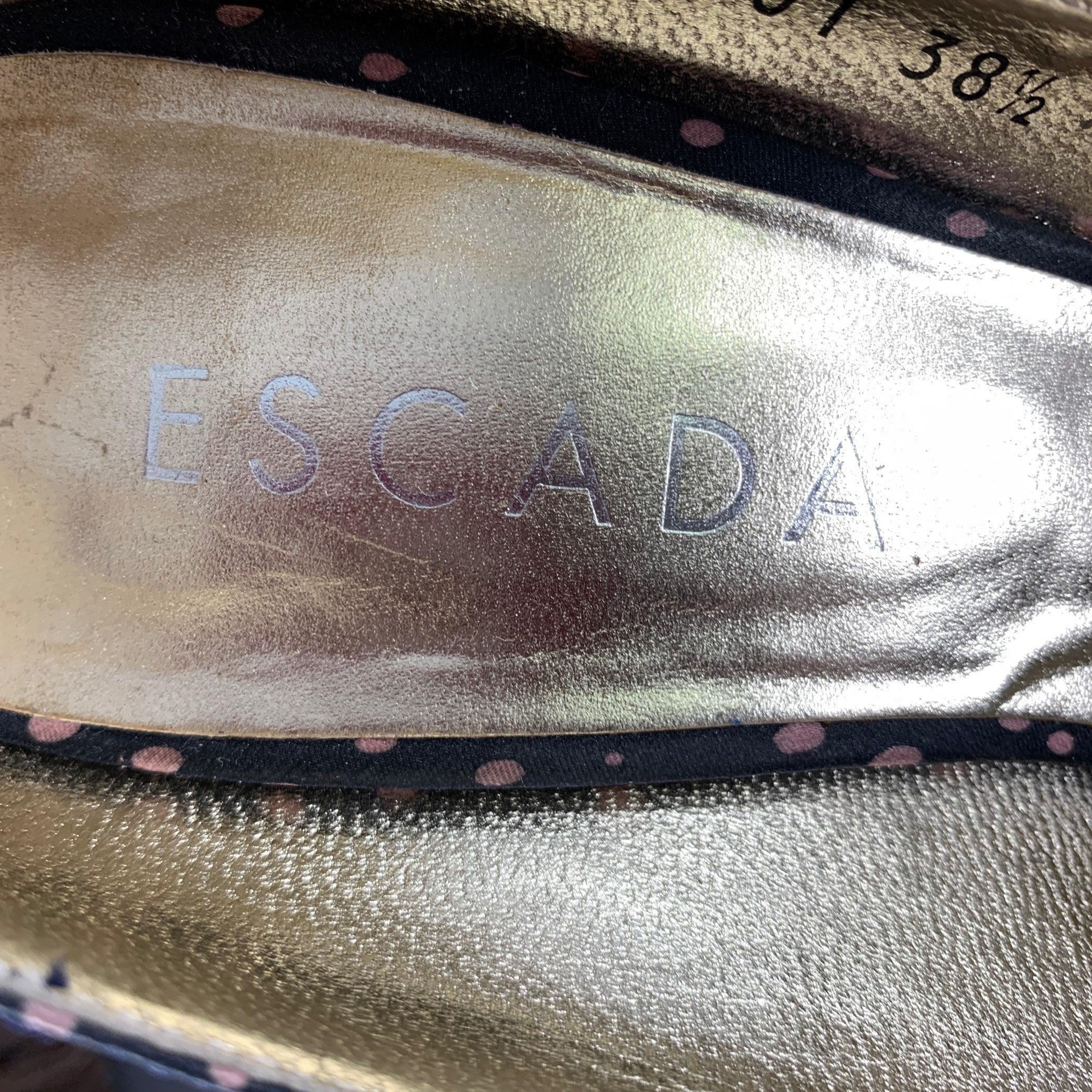 Escada Taglia 8.5 Seta Rosa Navy Dot Dot Dot Pelle Punta Aperta Pompe in vendita 2