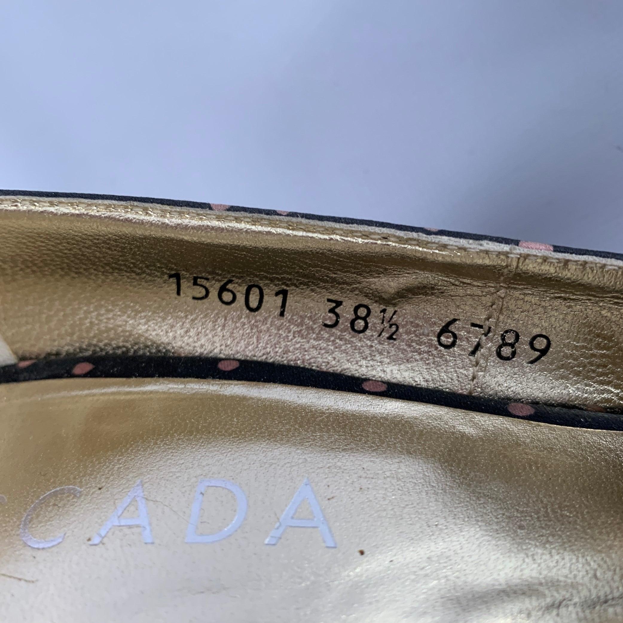 ESCADA Size 8.5 Navy Pink Silk Polka Dot Leather Trim Open Toe Pumps For Sale 4