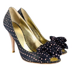 Escada Taglia 8.5 Seta Rosa Navy Dot Dot Dot Pelle Punta Aperta Pompe