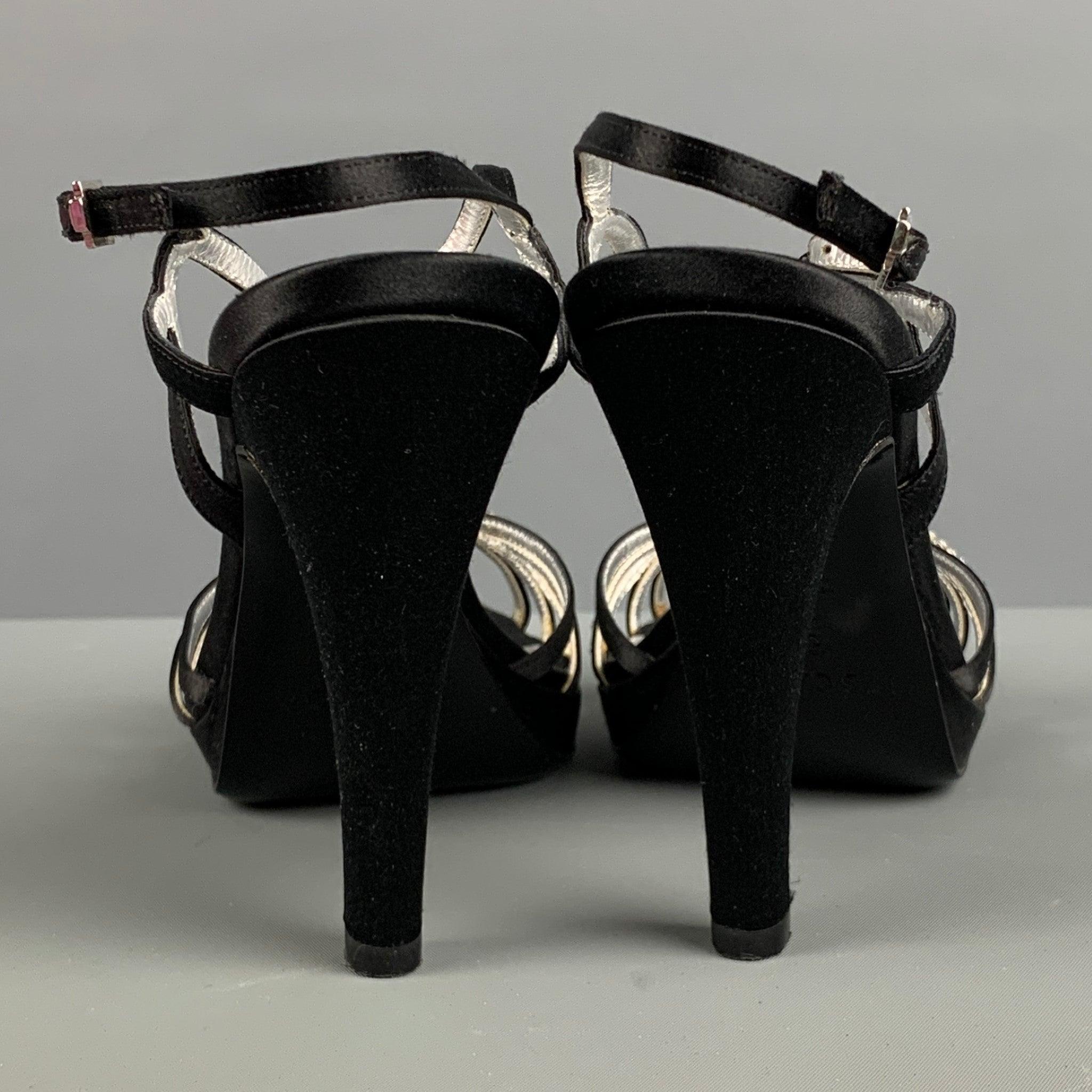 Women's ESCADA Size 9 Black Silver Silk Rhinestones Ankle Strap Sandals For Sale